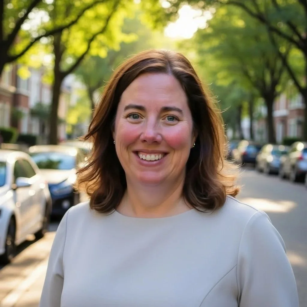 Smiling woman outdoors on a tree-lined street during daytime