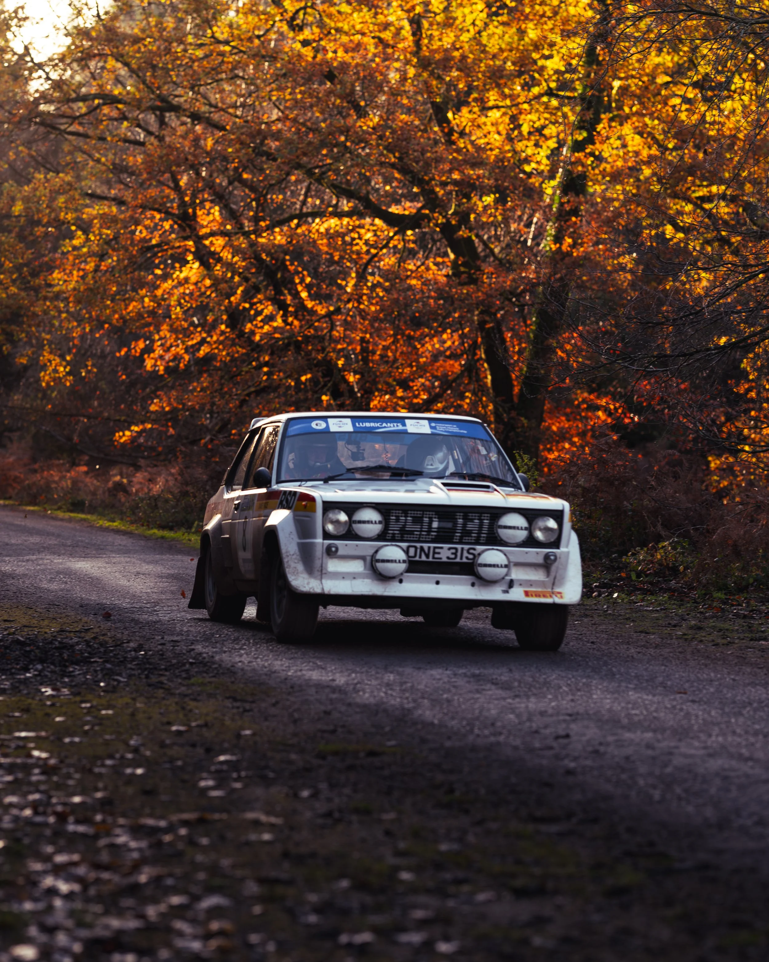 A white rally car driving on a dirt road surrounded by colorful autumn trees with orange and yellow leaves. wye dean rally 