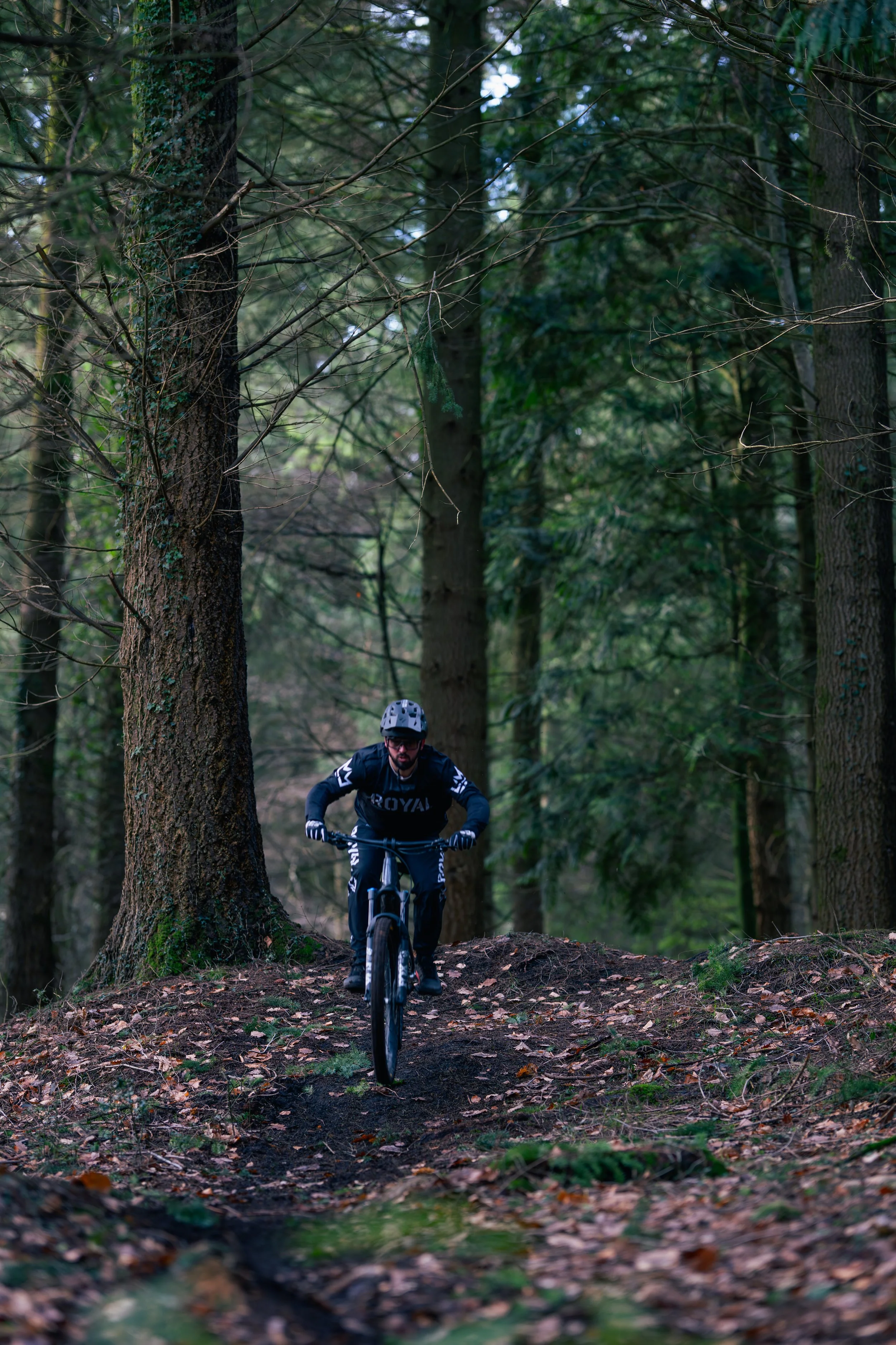 A man wearing a helmet and black sportswear riding a mountain bike on a dirt trail through a dense forest.