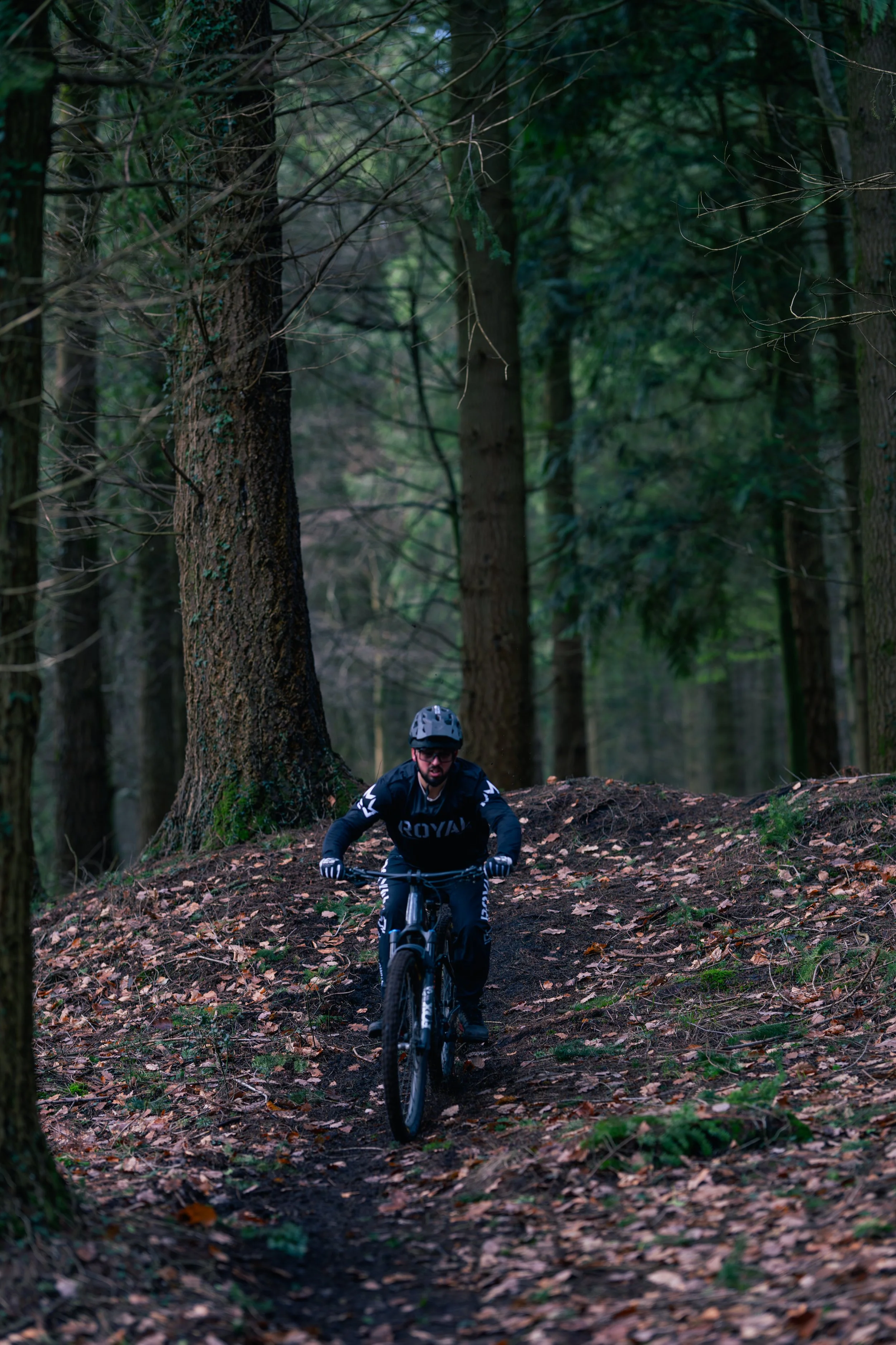 A man mountain biking on a forest trail surrounded by tall trees and fallen leaves.