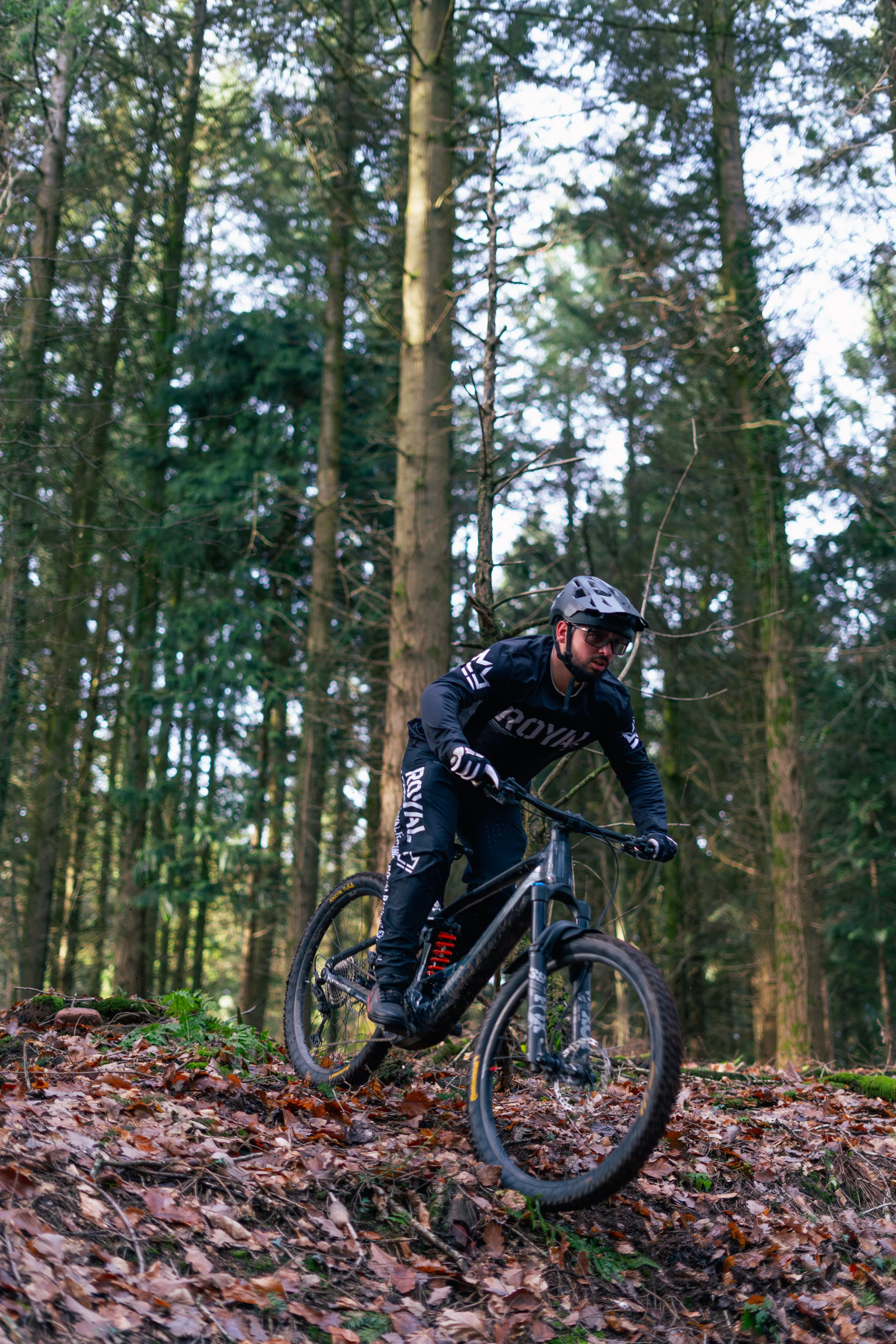 A man wearing a black helmet, sunglasses, and black sportswear riding a mountain bike downhill on a leaf-covered forest trail.