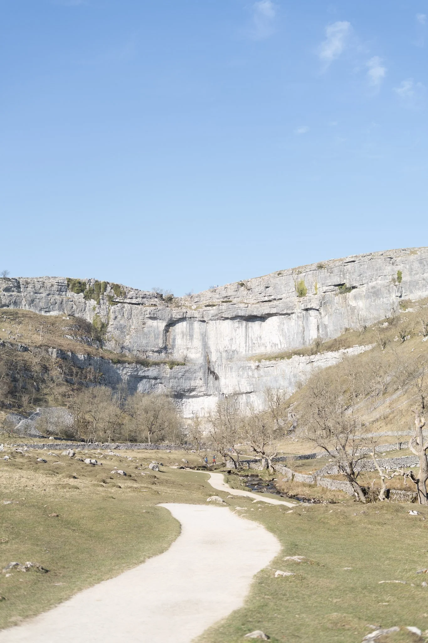 Scenic landscape with a winding dirt path leading towards a rocky cliff face under a clear blue sky.