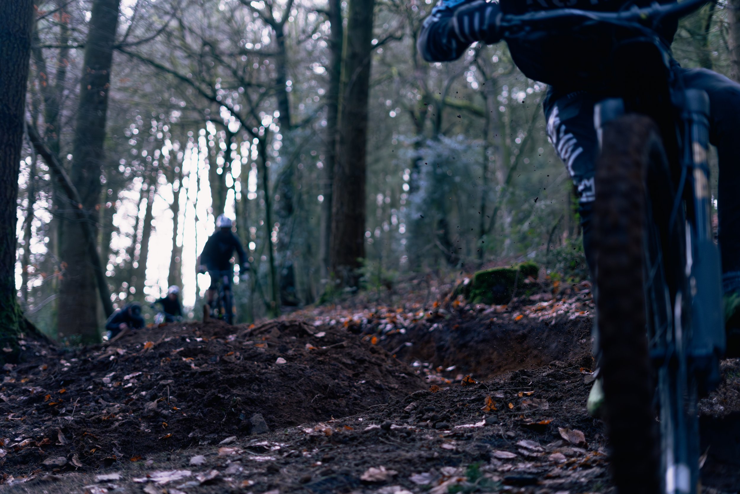 Mountain bikers riding on a dirt trail through a wooded forest with tall trees and leaf-covered ground, captured from a low angle.