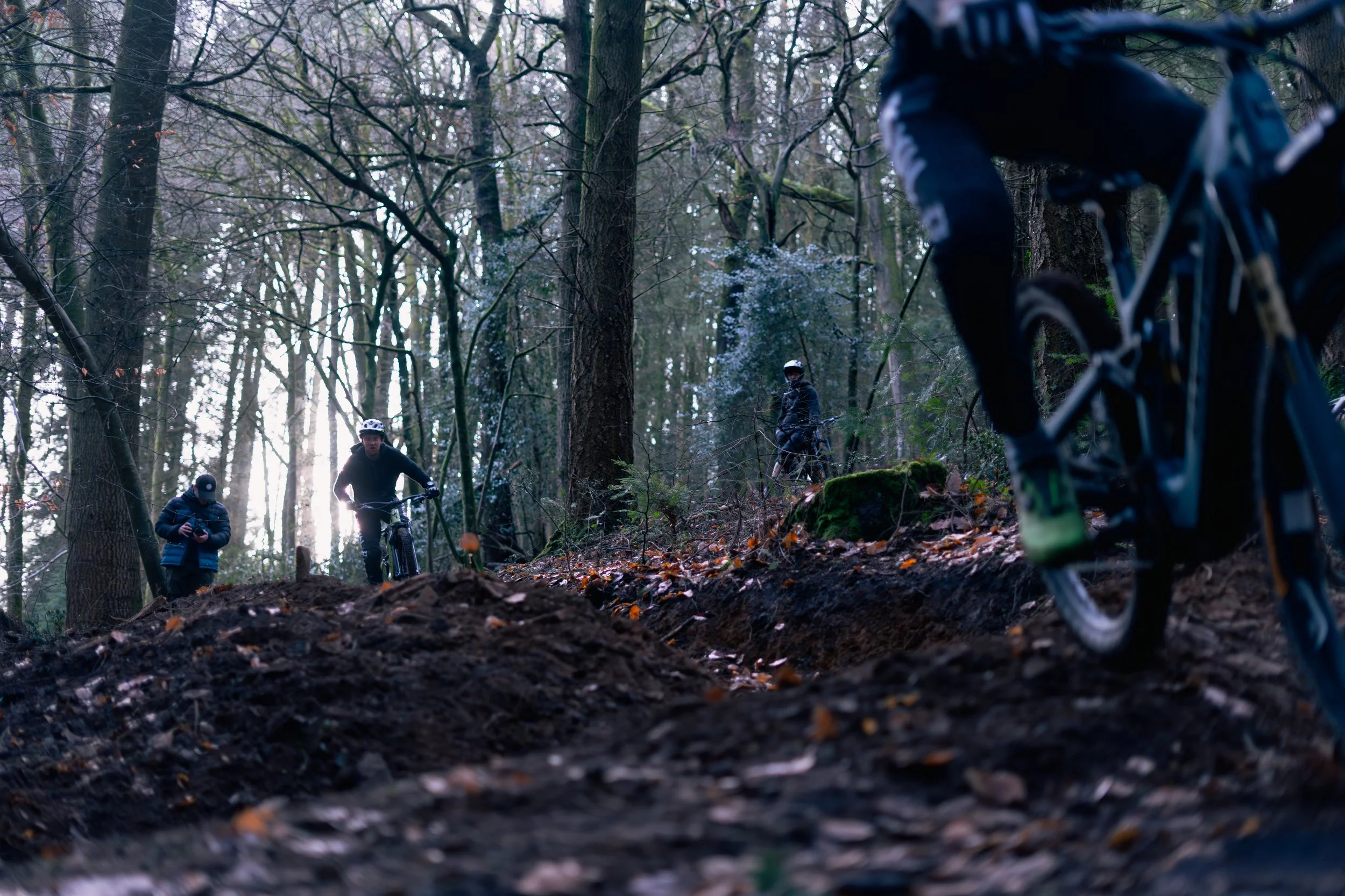 Four people in a wooded forest, two with bikes and helmets, one on a bicycle navigating a dirt trail, and one person standing and looking at a device, all surrounded by tall trees with leafless branches.