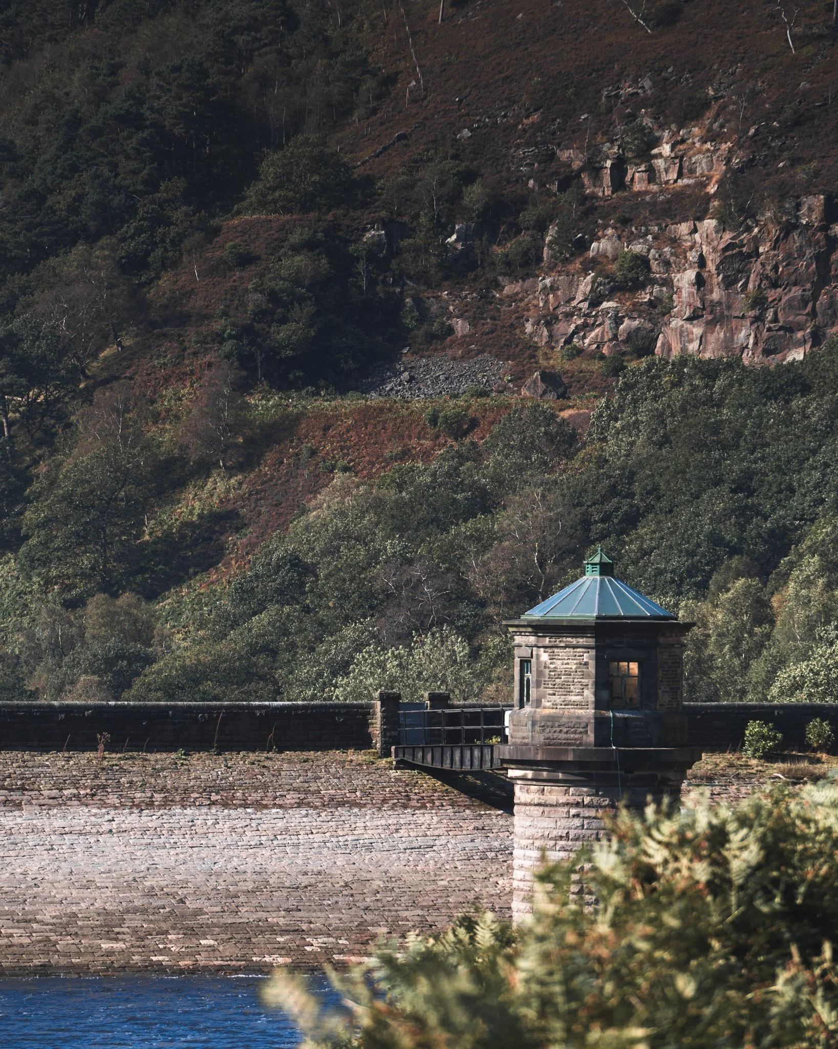 A dam with a small stone building with a green, metal roof, surrounded by lush green trees and a hillside in the background.