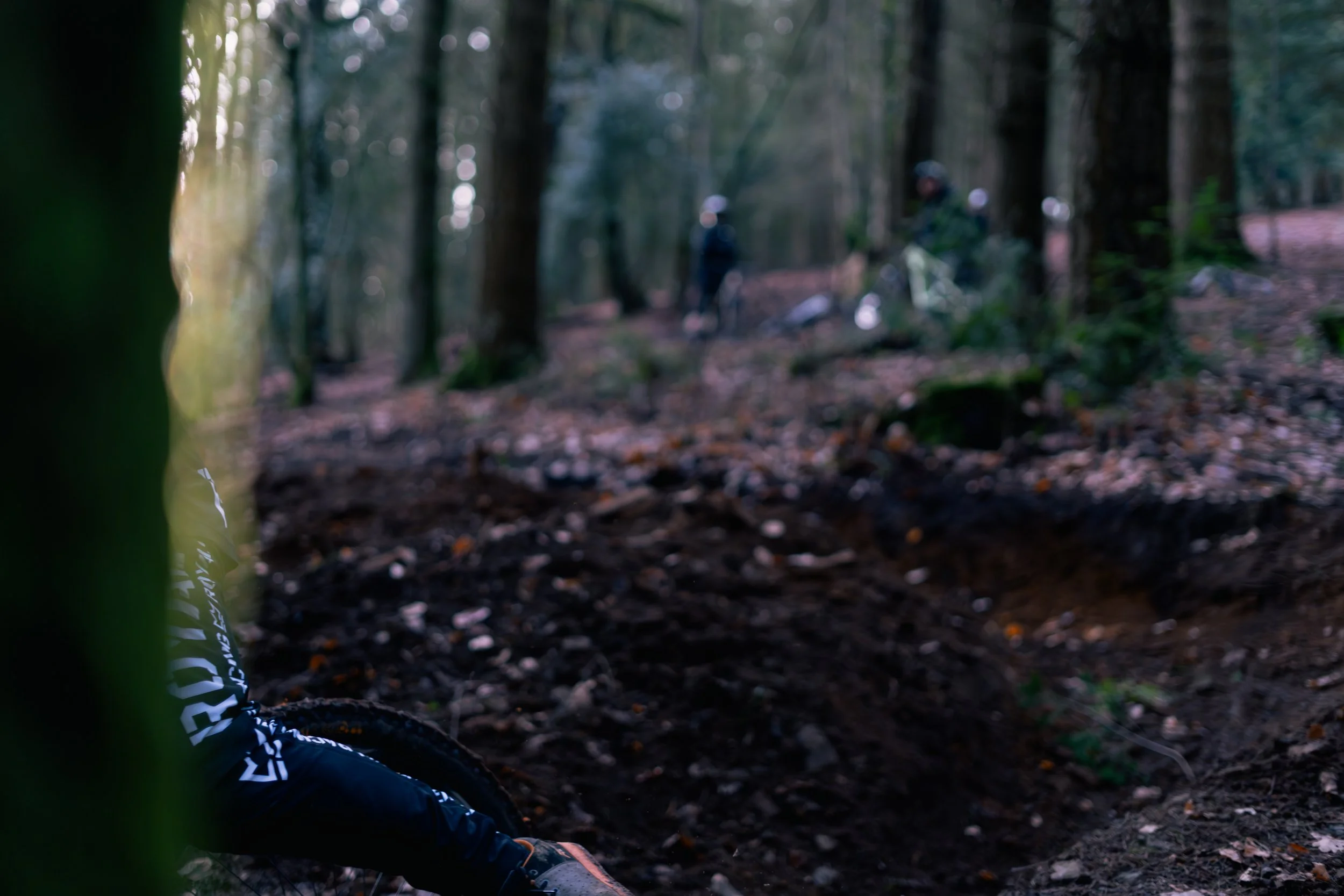 A dirt trail through a forest with three people in the background, one on a bicycle and two standing nearby.