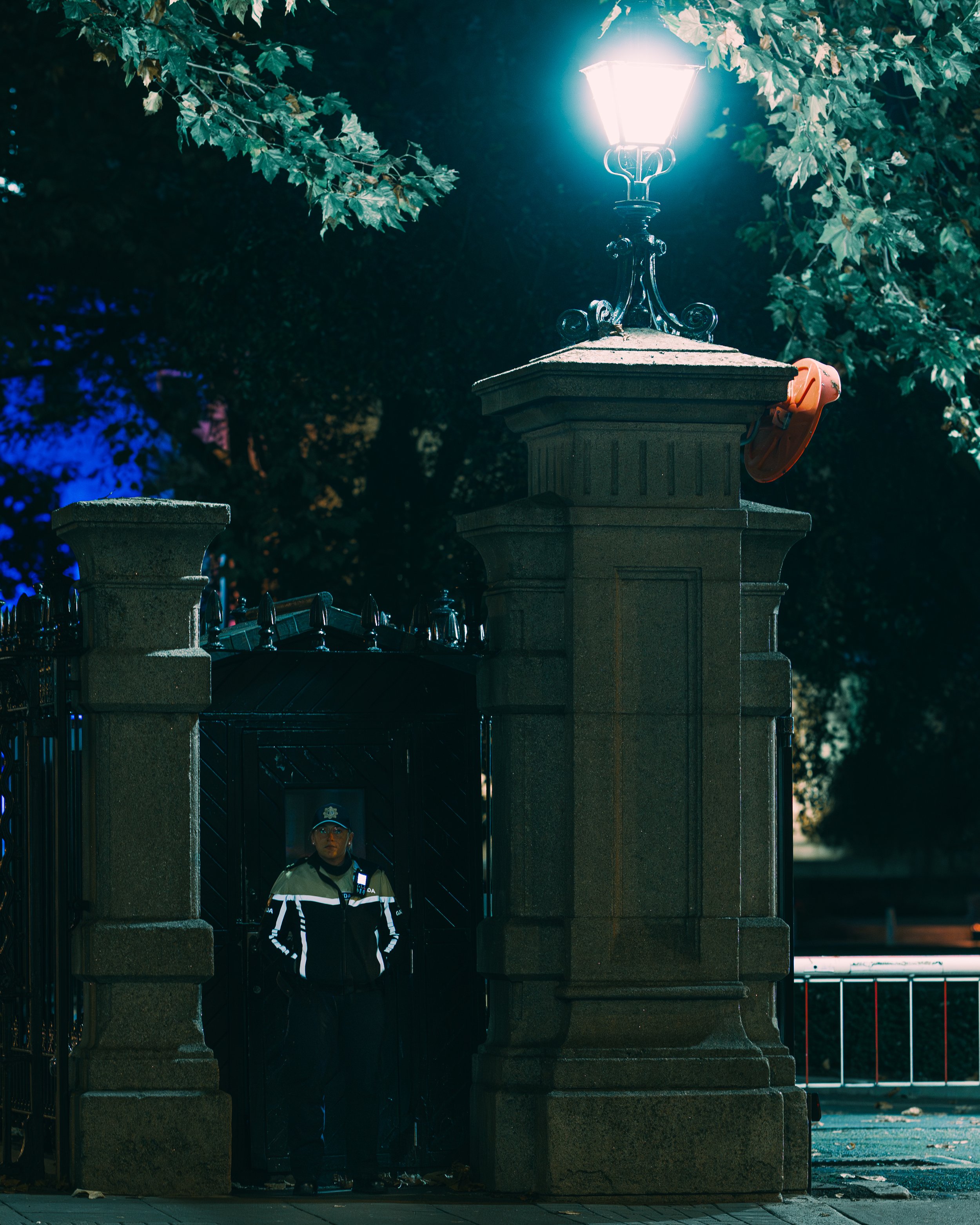 A security guard standing at night near an entrance gate, illuminated by a street lamp, with trees visible in the background.