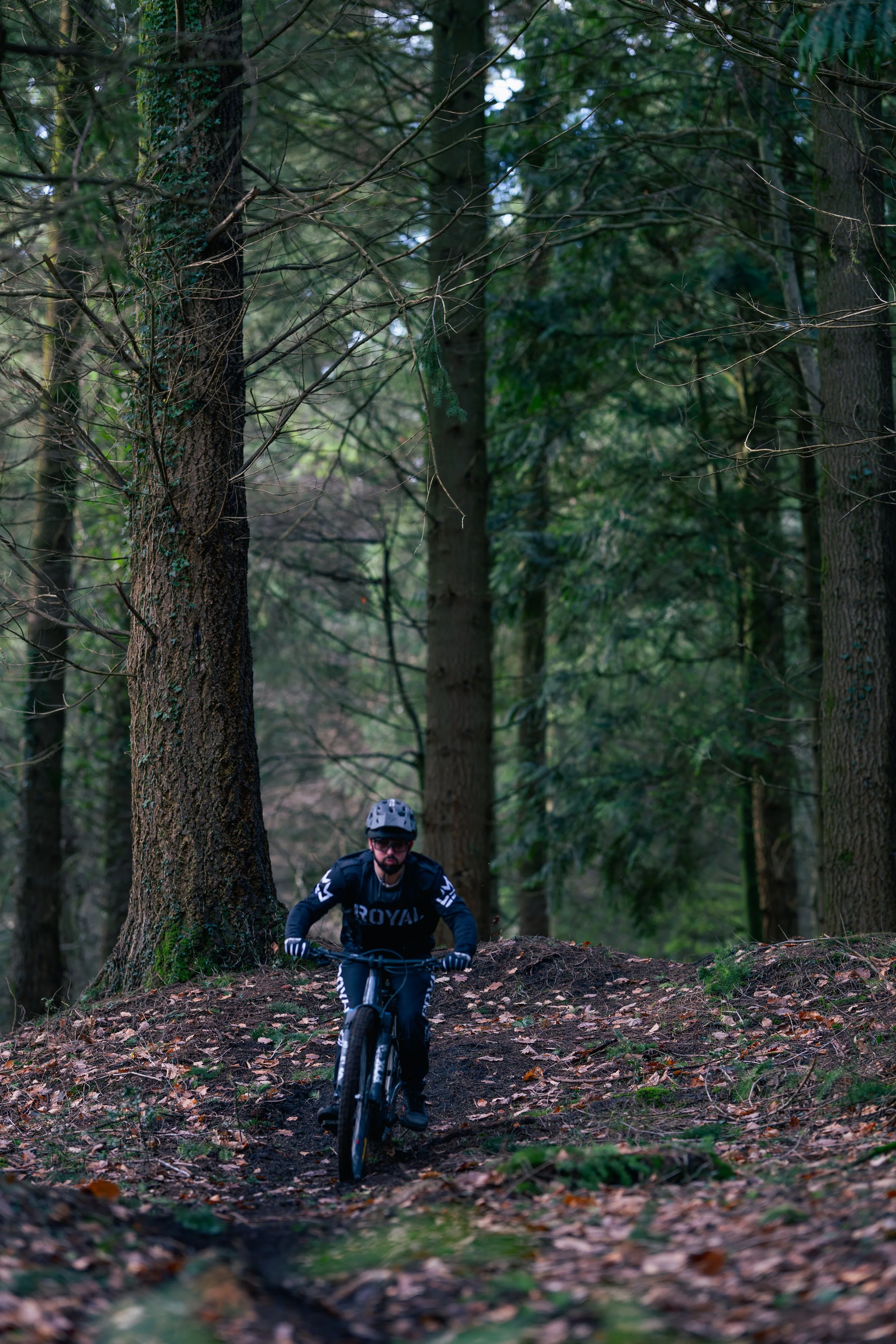 A man riding a mountain bike through a forest trail.