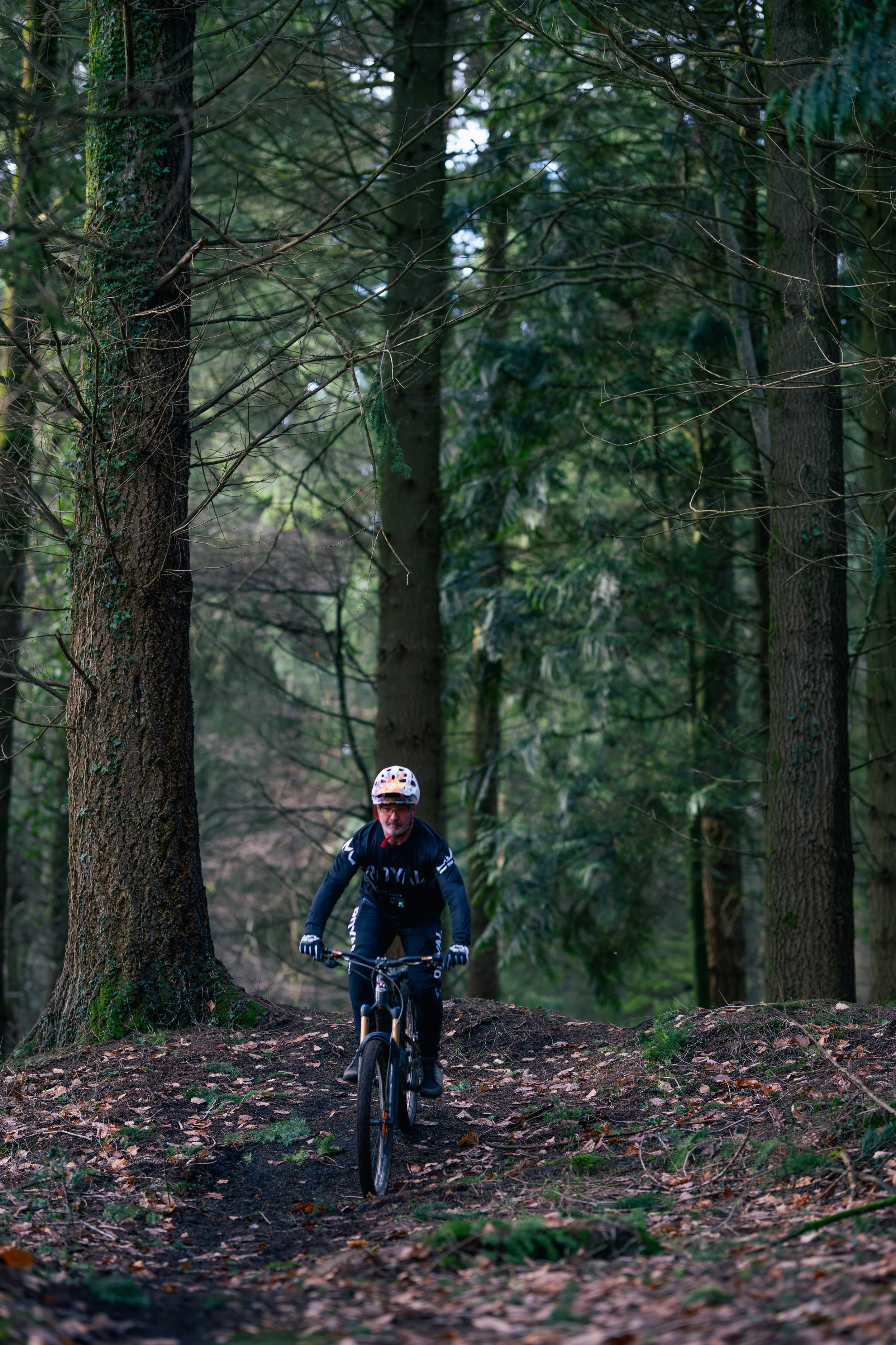 A man mountain biking through a dense forest trail, surrounded by tall trees and fallen leaves.