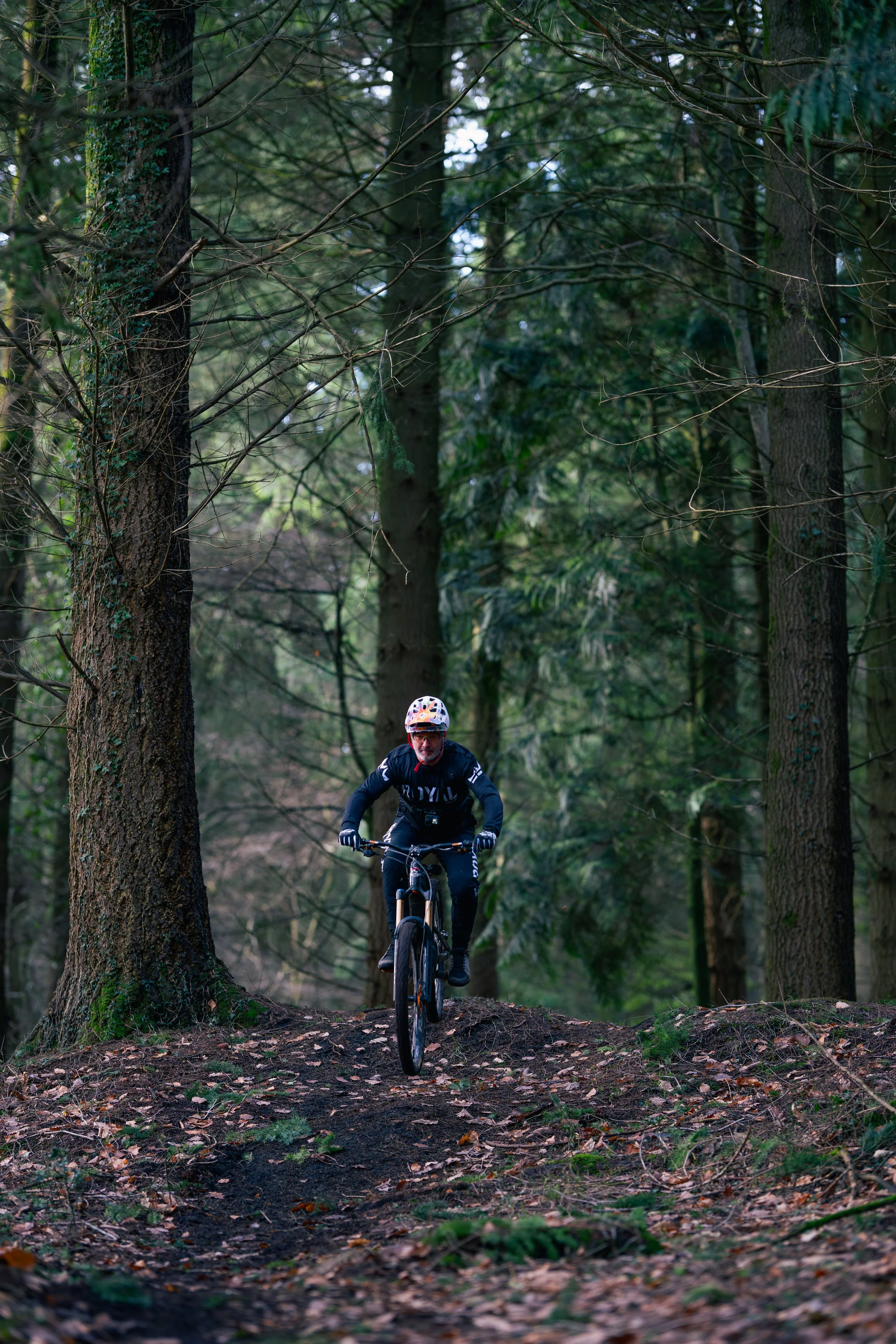 A person mountain biking on a trail through a forest with tall trees and dense foliage.