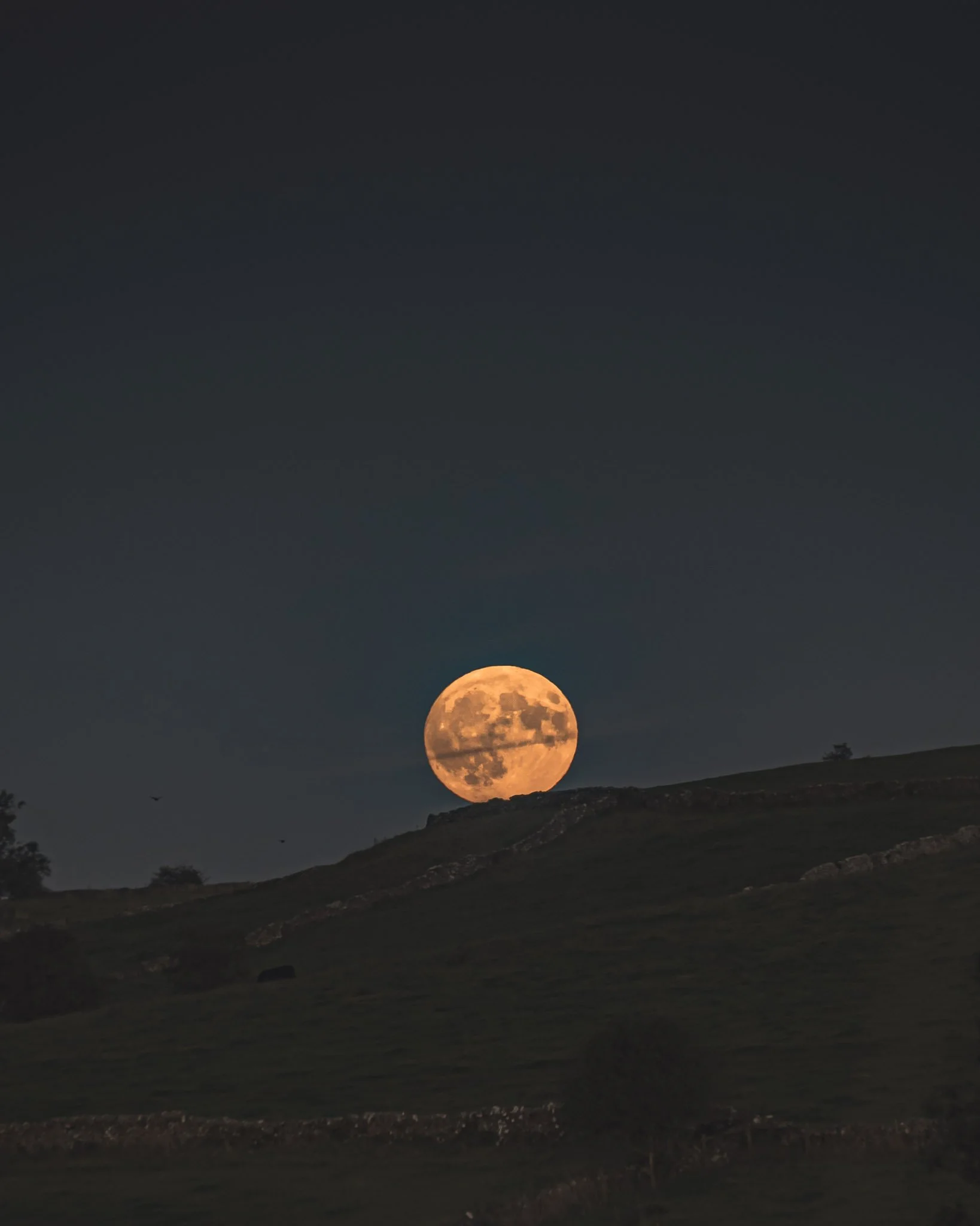 Full moon rising above a dark hillside landscape at night.