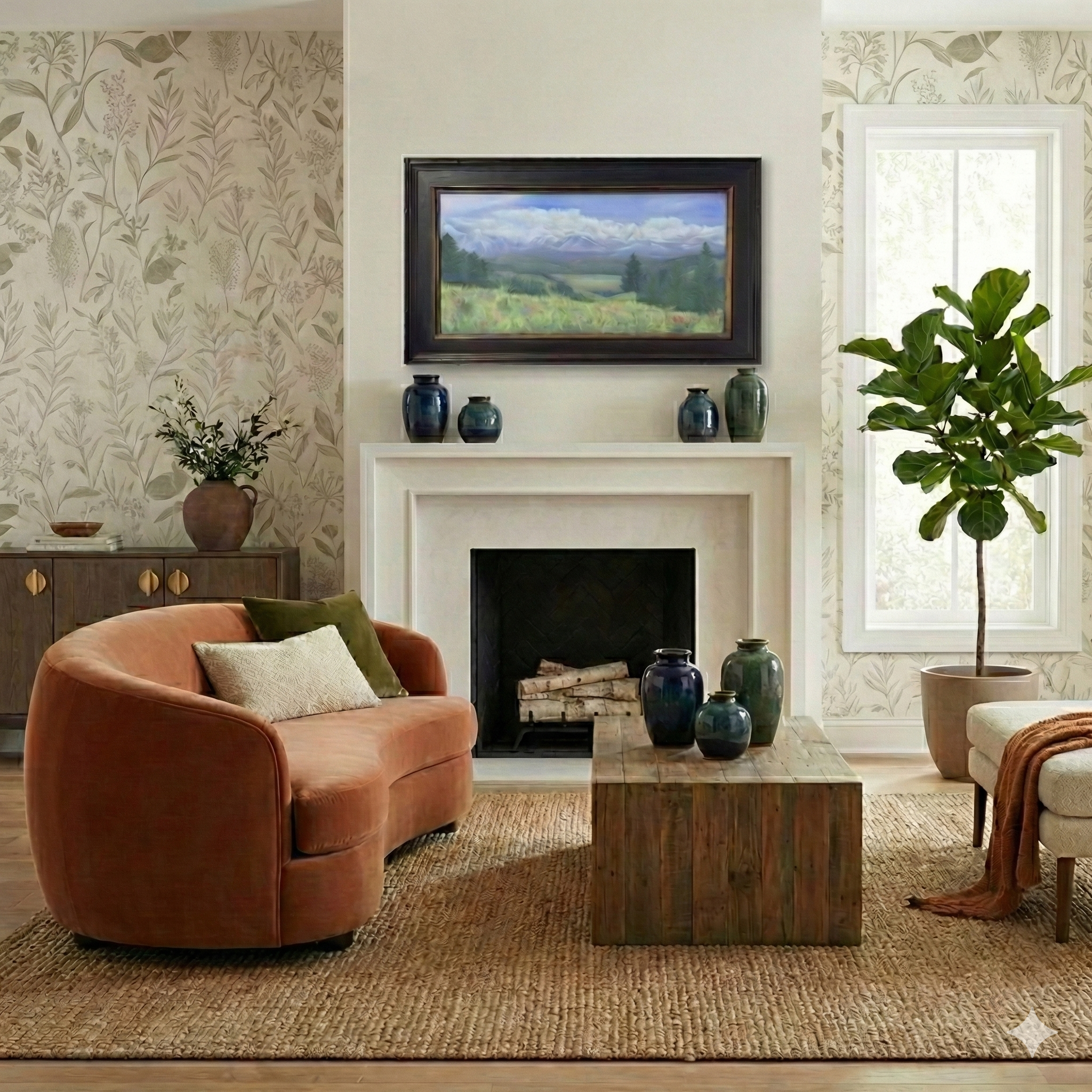 Living room with peach velvet sofa, beige and green pillows, wooden coffee table with vases, fireplace with logs, large leafy plant in a beige pot, artwork above fireplace, patterned wallpaper, and natural light from a tall window.