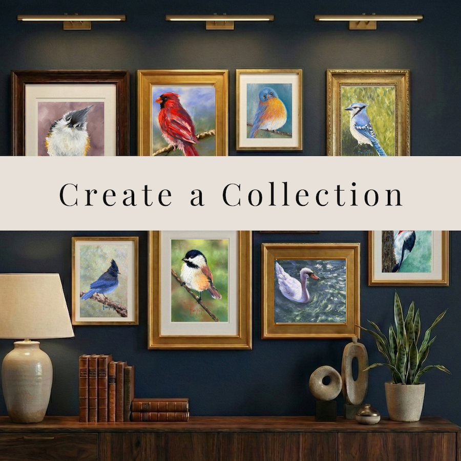 Gallery wall with eight framed bird paintings and a dark blue wall, decorated with a table lamp, books, and decorative vases and plants.