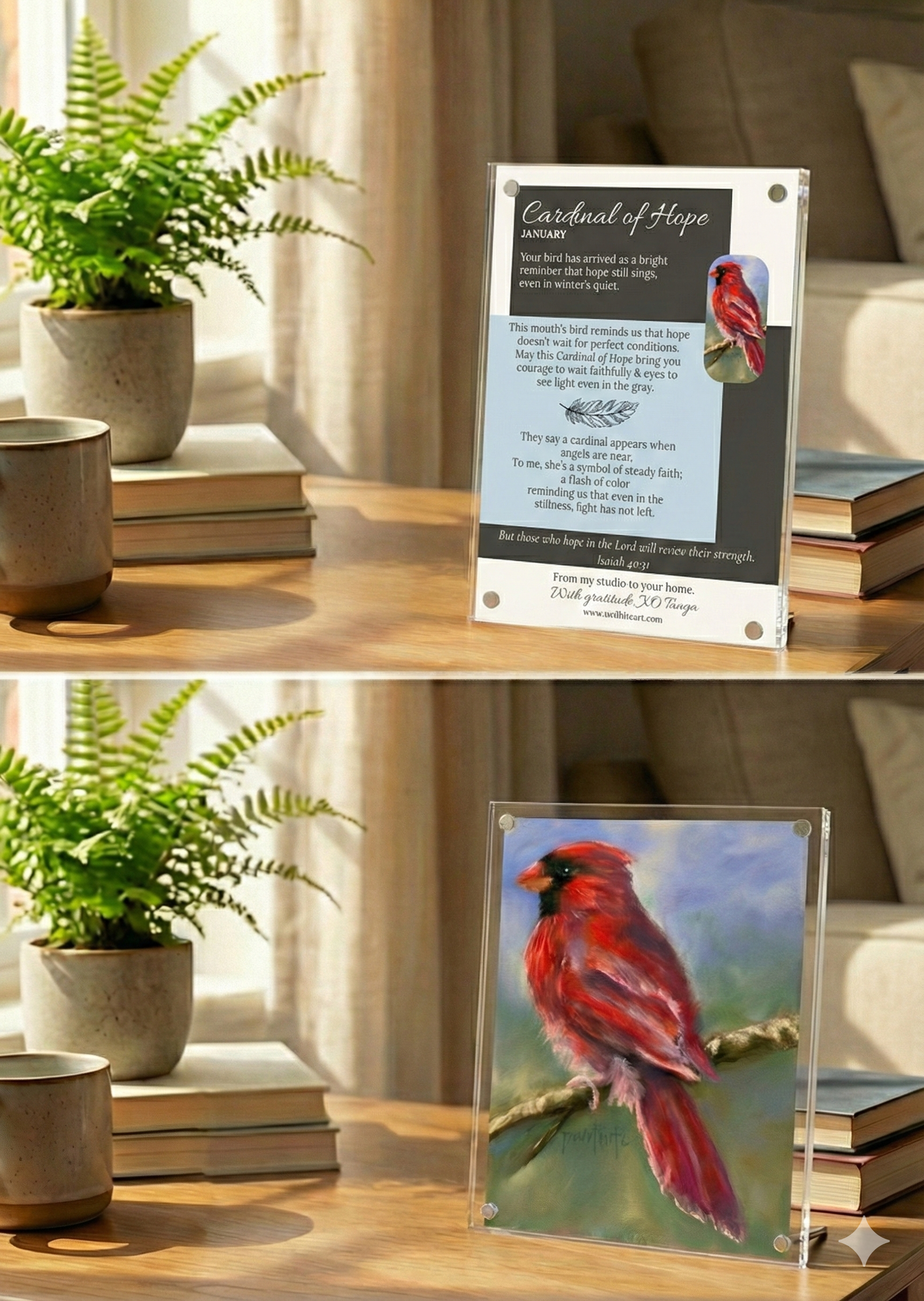 Inspirational card accompanying red cardinal bird art print sitting on a desk to bring joy to the day and reminders of hope gift for inspiration gift for bird lover gift for christians or seekers