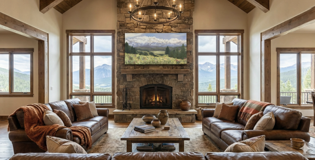 Living room with two leather sofas, stone fireplace, mountains visible through large windows, wooden ceiling, chandelier, and landscape painting above the fireplace.