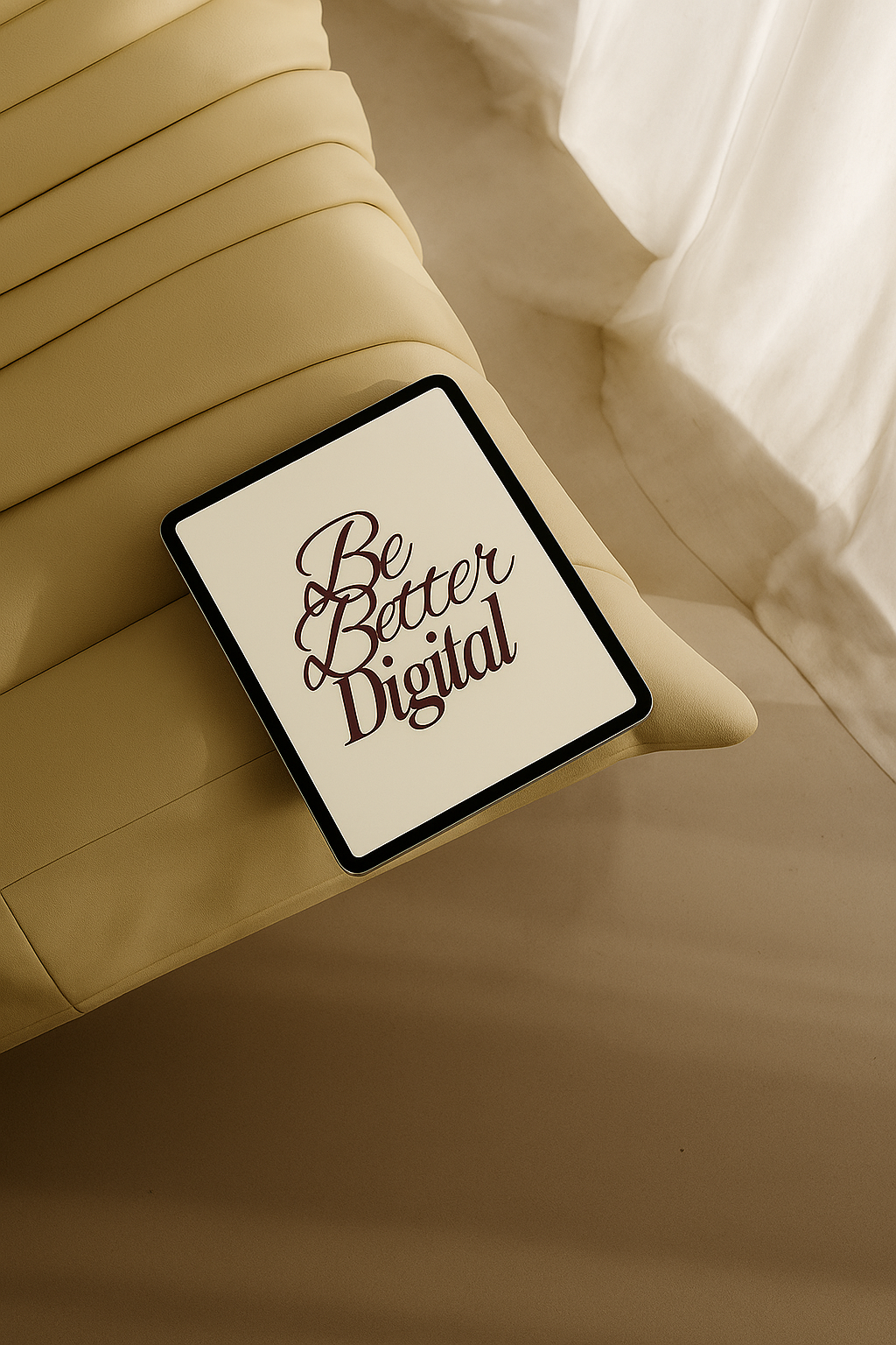 A digital tablet resting on a beige, cushioned chair displaying the text 'Be Better Digital' in cursive and bold fonts.