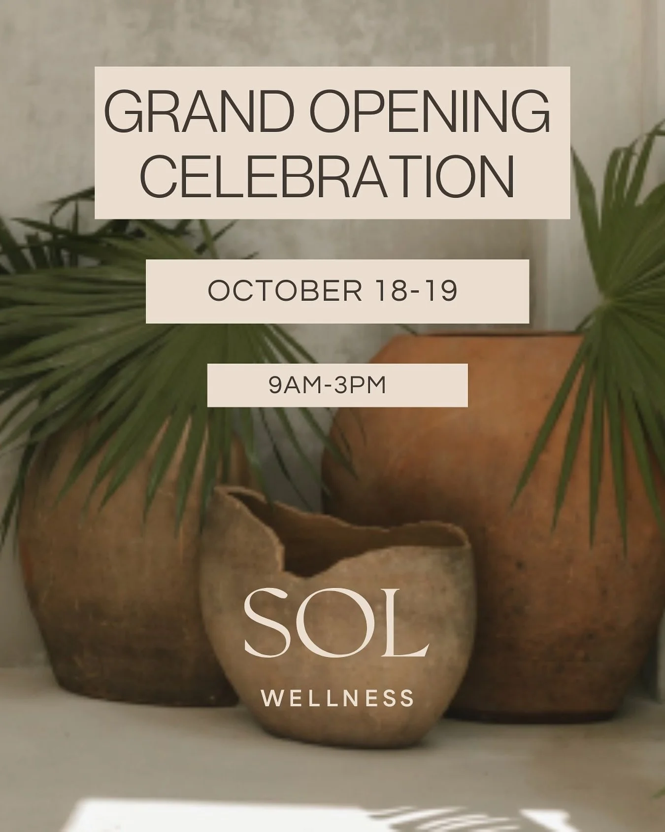 You&rsquo;re Invited ✨ 

Join us for the Grand Opening Celebration of SOL Wellness

 🗓️ October 18&ndash;19

 Enjoy:
 🧘&zwj;♀️ Free yoga + Pilates classes
 💆&zwj;♀️ Mini treatments with our expert practitioners
 🌿 Wellness workshops in our multid