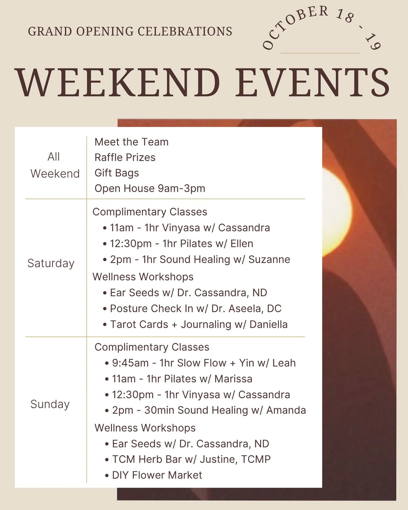 Sol Wellness Centre || Grand Opening Weekend✨

Join us for a full weekend of complimentary classes, wellness workshops, and calm community connection in our intentionally designed space. 

🧘🏼&zwj;♀️Yoga, Pilates, Sound Healing
🌿 Naturopathic Medic