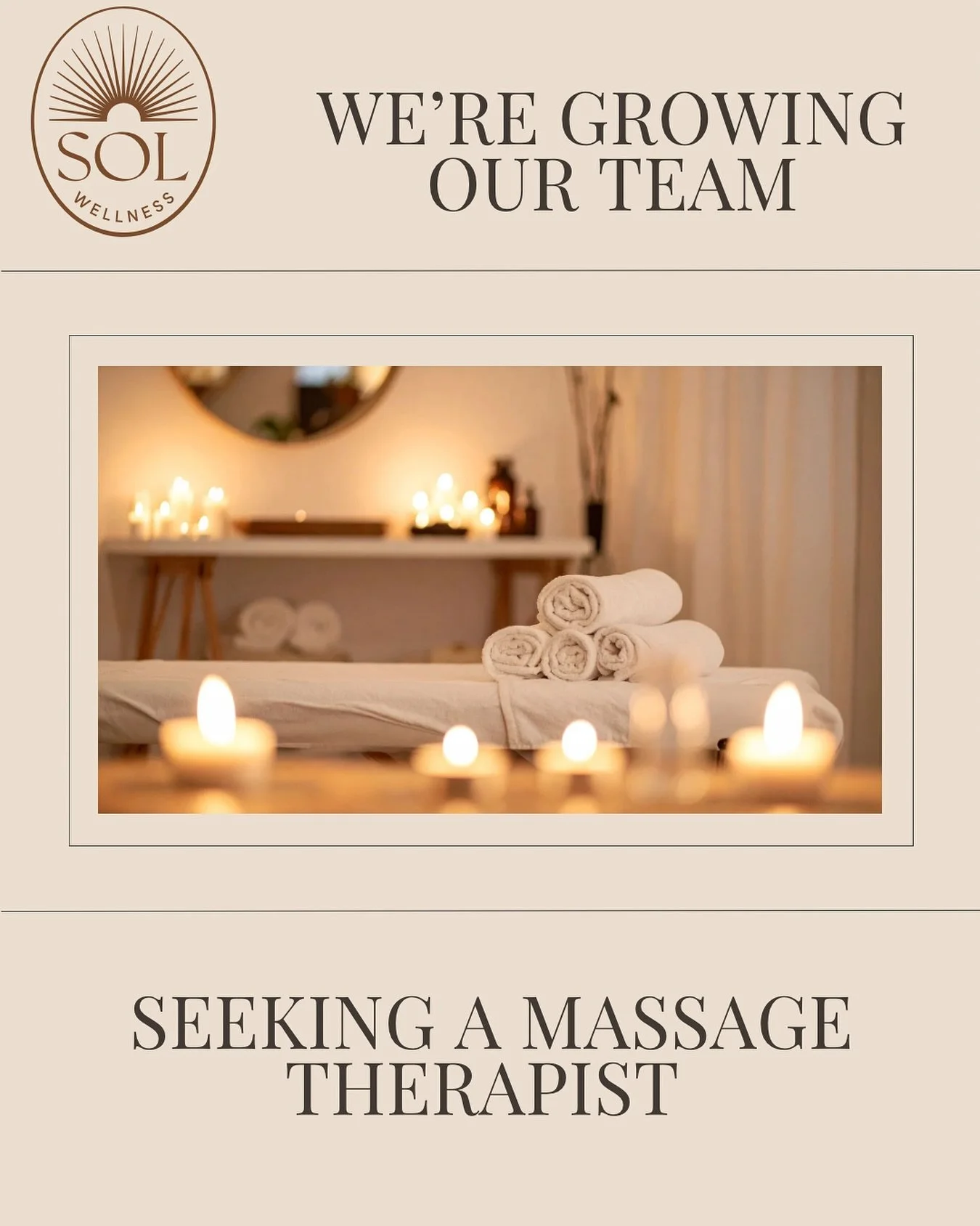 We&rsquo;re looking for a skilled registered massage therapist with weekend availability to join our wellness space✨ 

Apply or inquire at info@solwellness.ca 

#rmt #hiring #massagetherapy #solwellnesscentre