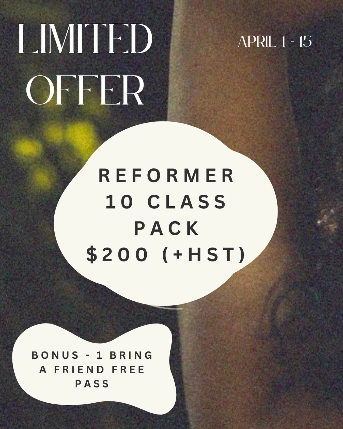 A refined way to elevate your practice.

Enjoy our Reformer 10-Class Pack for $200 &mdash; a savings of $40. ✨

With your purchase, receive a complimentary Bring-a-Friend Pass (valued at $30), because movement is even more meaningful when shared.

Av
