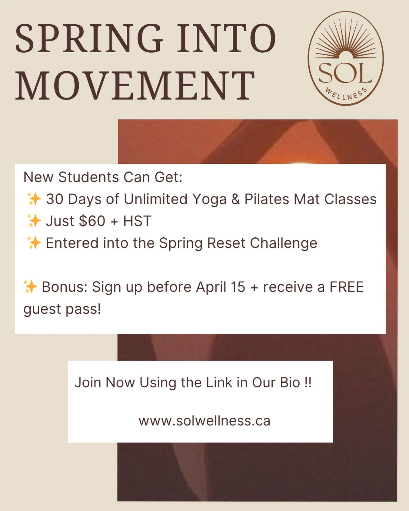 🌸 SPRING RESET IS HERE 🌸

Ready to feel stronger, more energized, and back in your body?

For a limited time, new students can get:
✨ 30 Days of Unlimited Movement
✨ Just $60 + HST

This is your chance to rebuild your routine, try new classes, and 