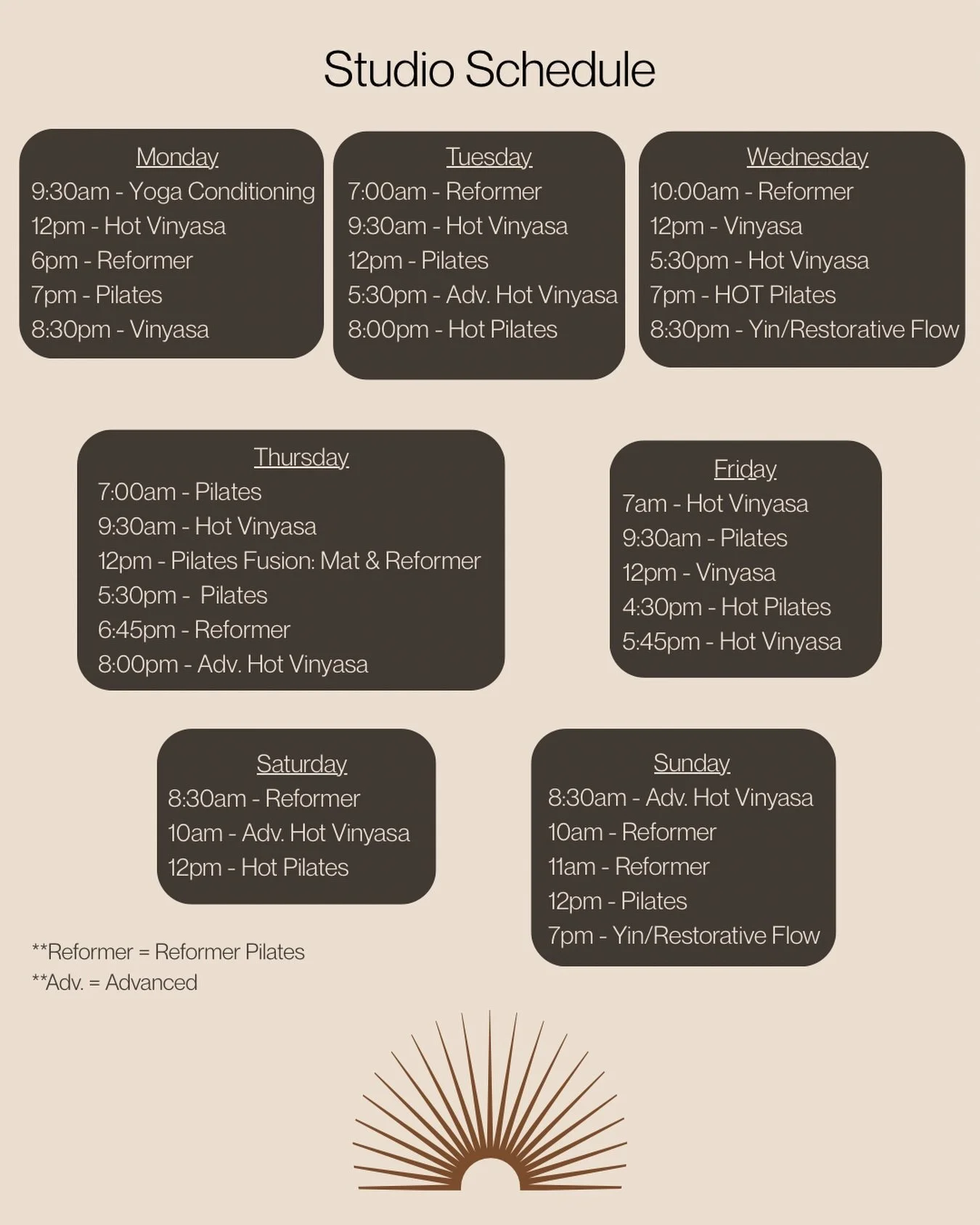 ✨Schedule Updates✨

Starting Monday June 1st we&rsquo;re making a few changes to better serve our community and create the best class experience for you! 

Here&rsquo;s what&rsquo;s new: 

Sunday&rsquo;s 10 &amp; 11am - Reformer Pilates will now be g