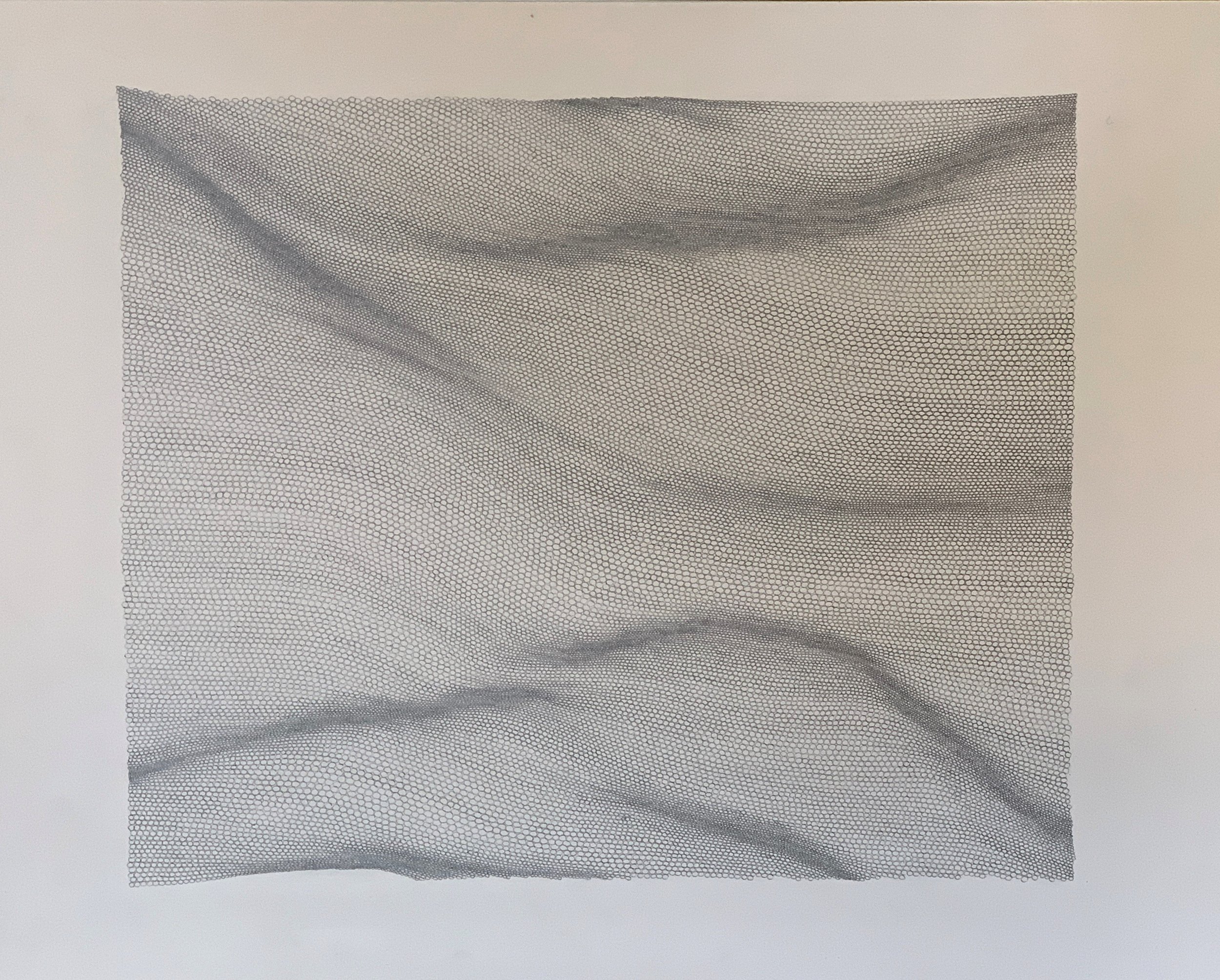 A piece of gray mesh fabric with a pattern of small hexagons, draped with wavy folds.