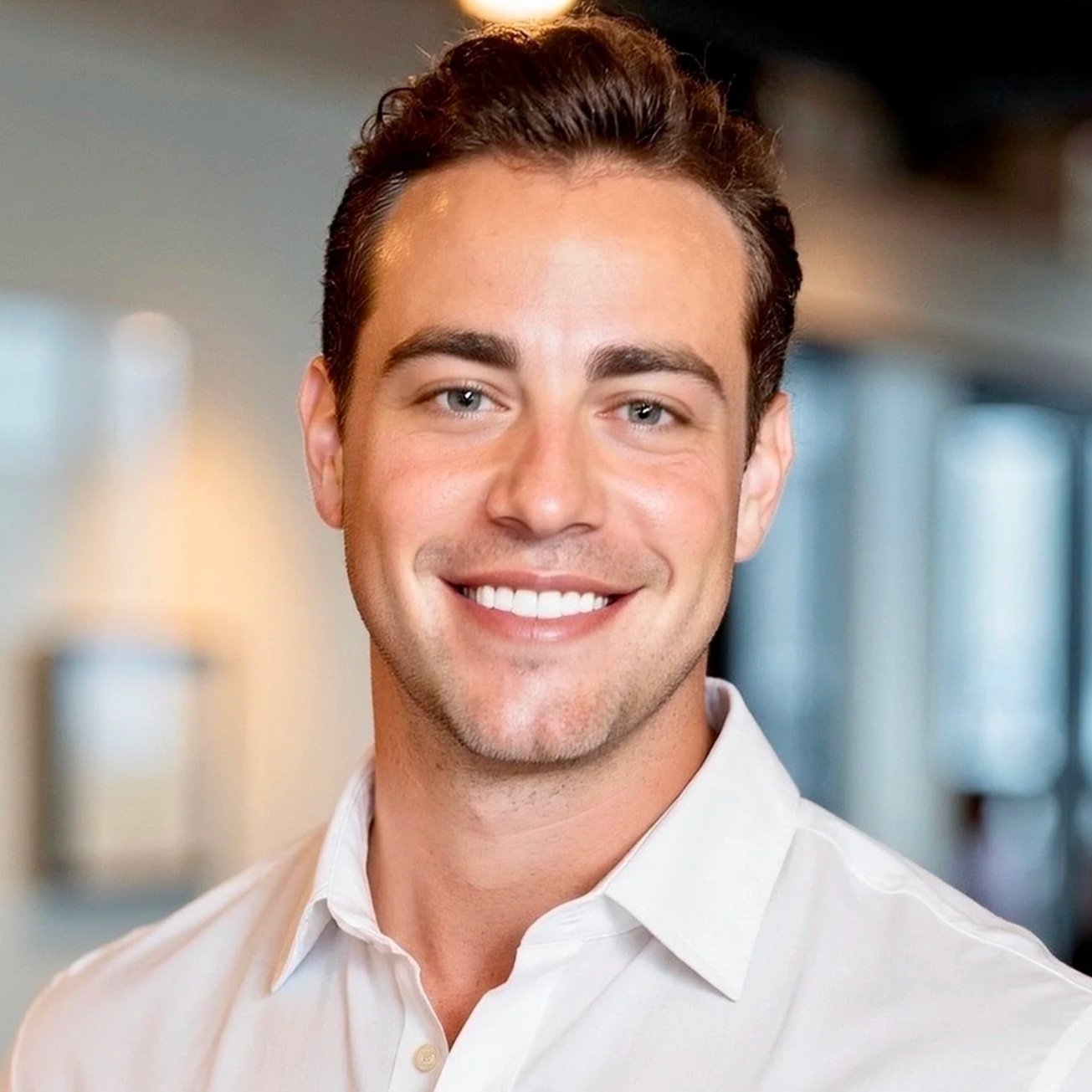 A smiling young man with short brown hair and blue eyes, wearing a white collared shirt, in an indoor setting with a blurred background.