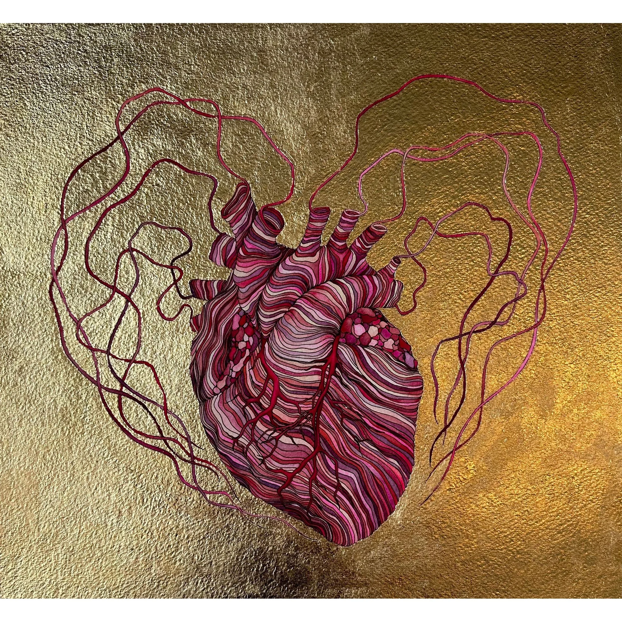 An anatomical heart on gold background with veins turning to strings in the shape of a geometric heart