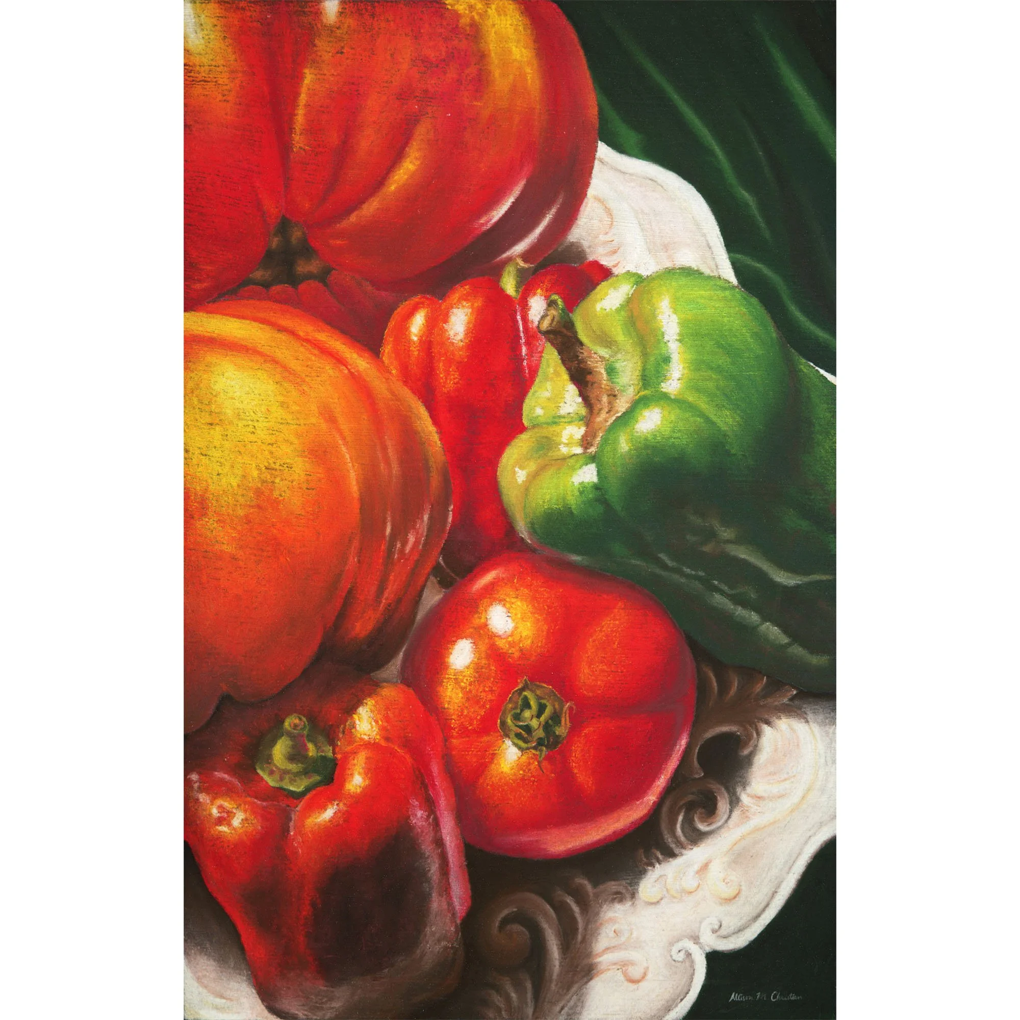 ripe tomatoes and peppers rest on an ornate plate, ready to be made into salsa