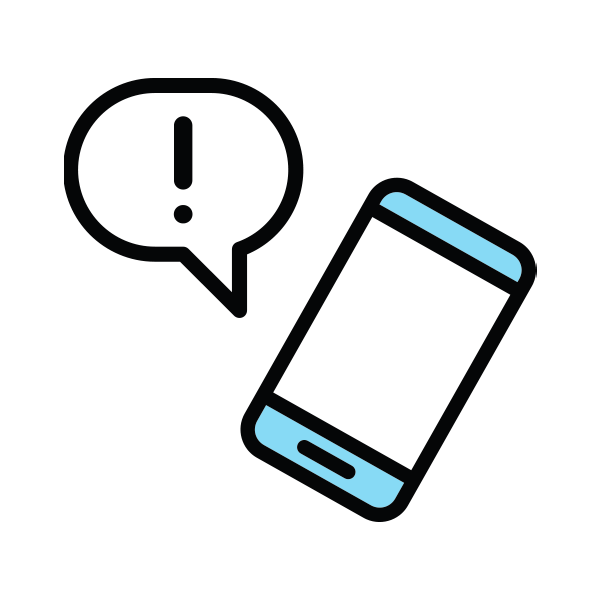 A smartphone with a speech bubble containing an exclamation mark indicating a warning or alert.