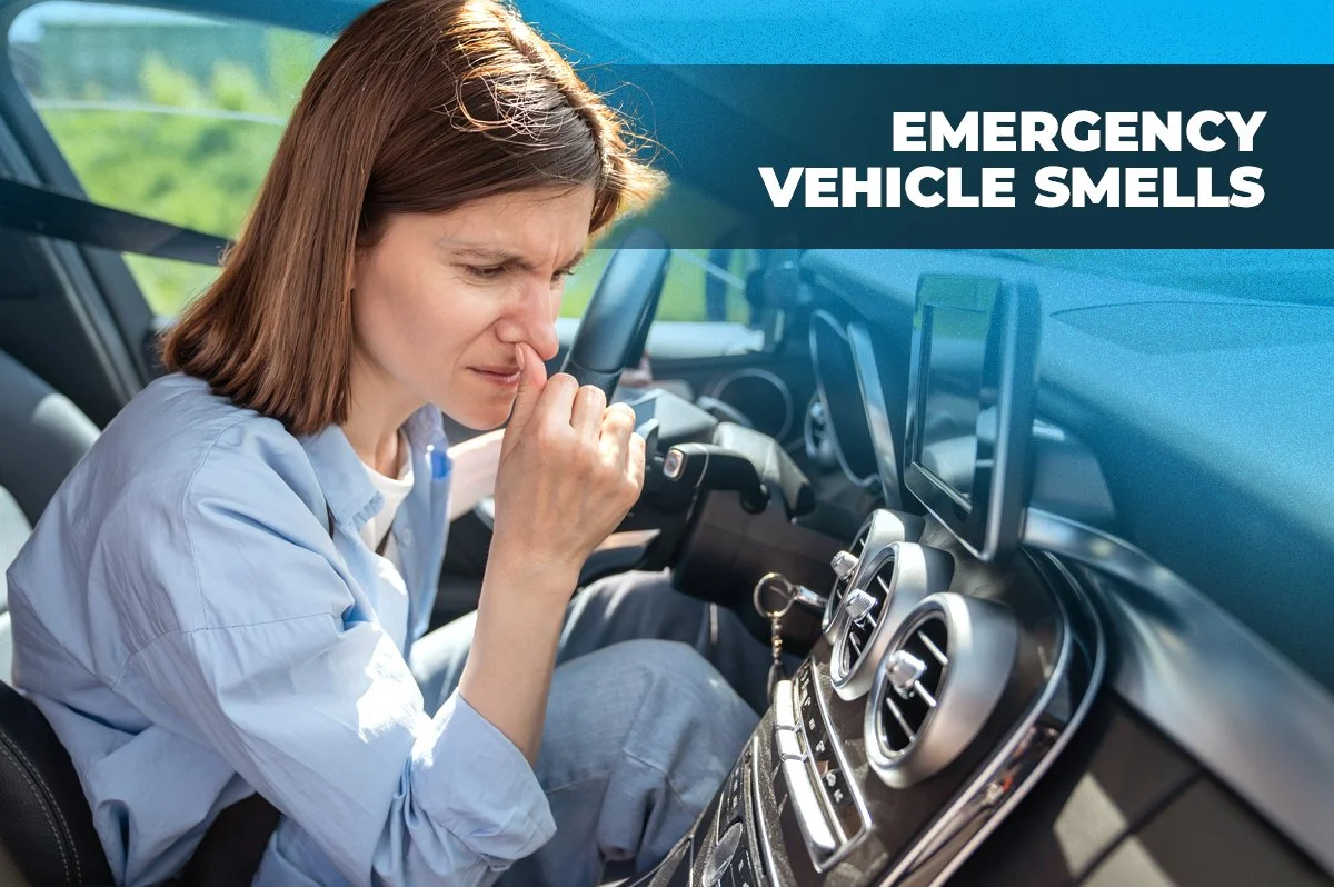 Female driver holding her hose, smelling something off in her car