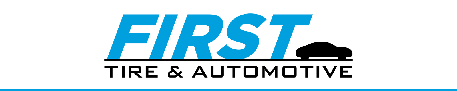 First Tire & Automotive logo with blue and black text and a silhouette of a car.