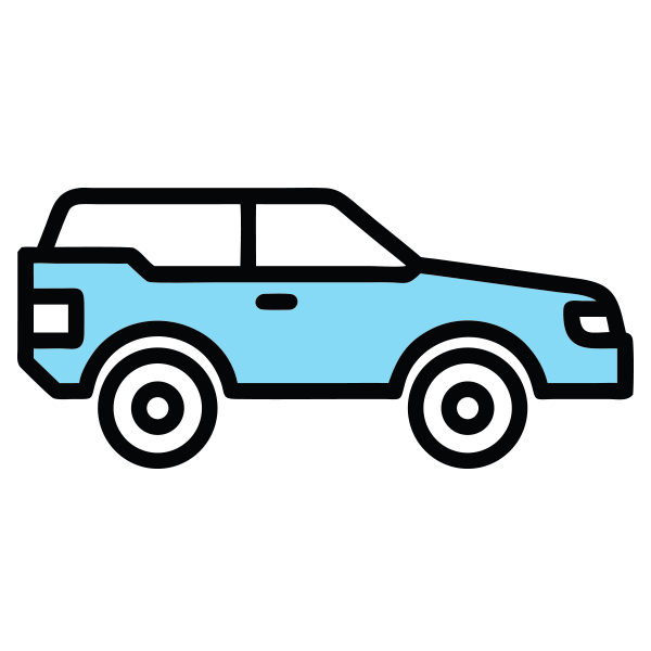 Simple illustration of a light blue SUV with black wheels and windows.