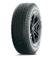 A close-up of a car tire with a black alloy wheel.