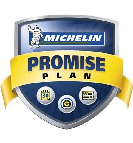 Michelin Promise Plan shield logo with warranty symbols for 30 days, 24/7 roadside assistance, and quality assurance.