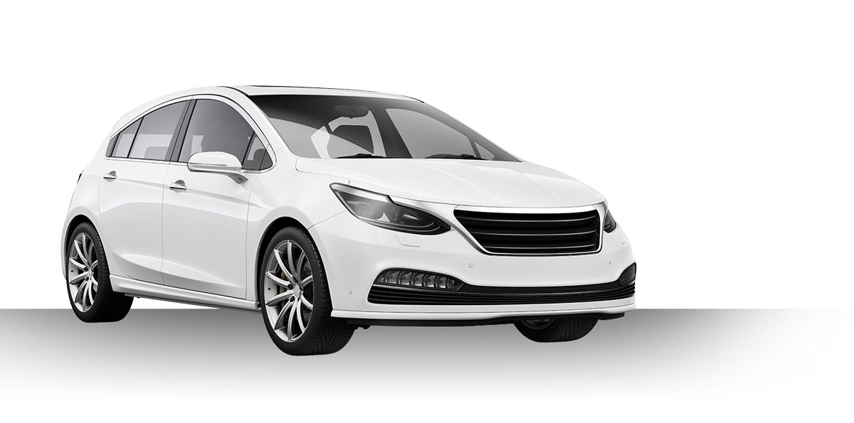 A white sedan car facing slightly to the right, with black grille and tinted windows, set against a white background.