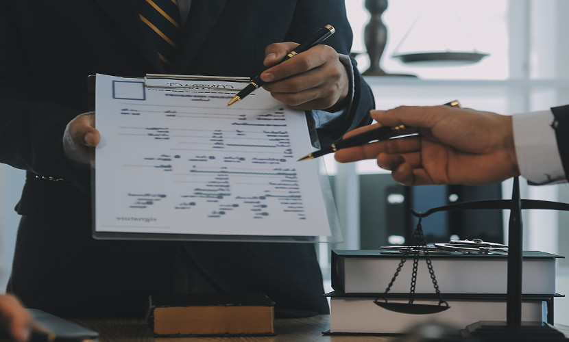 Two people exchanging documents and pens in a professional office setting.