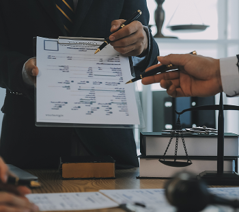 Two people exchanging and reviewing documents in an office setting.