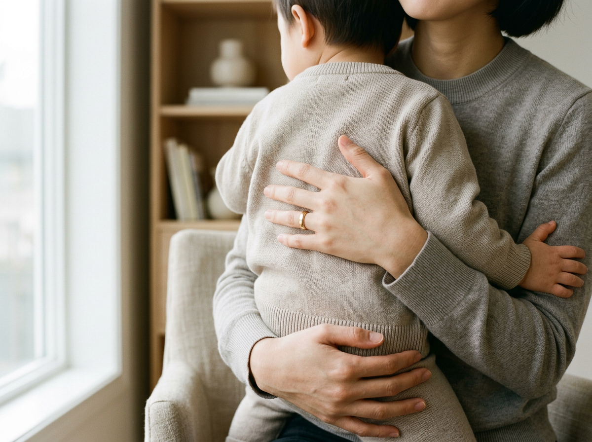 A woman holding a young boy in her arms indoors, with a bookshelf in the background.