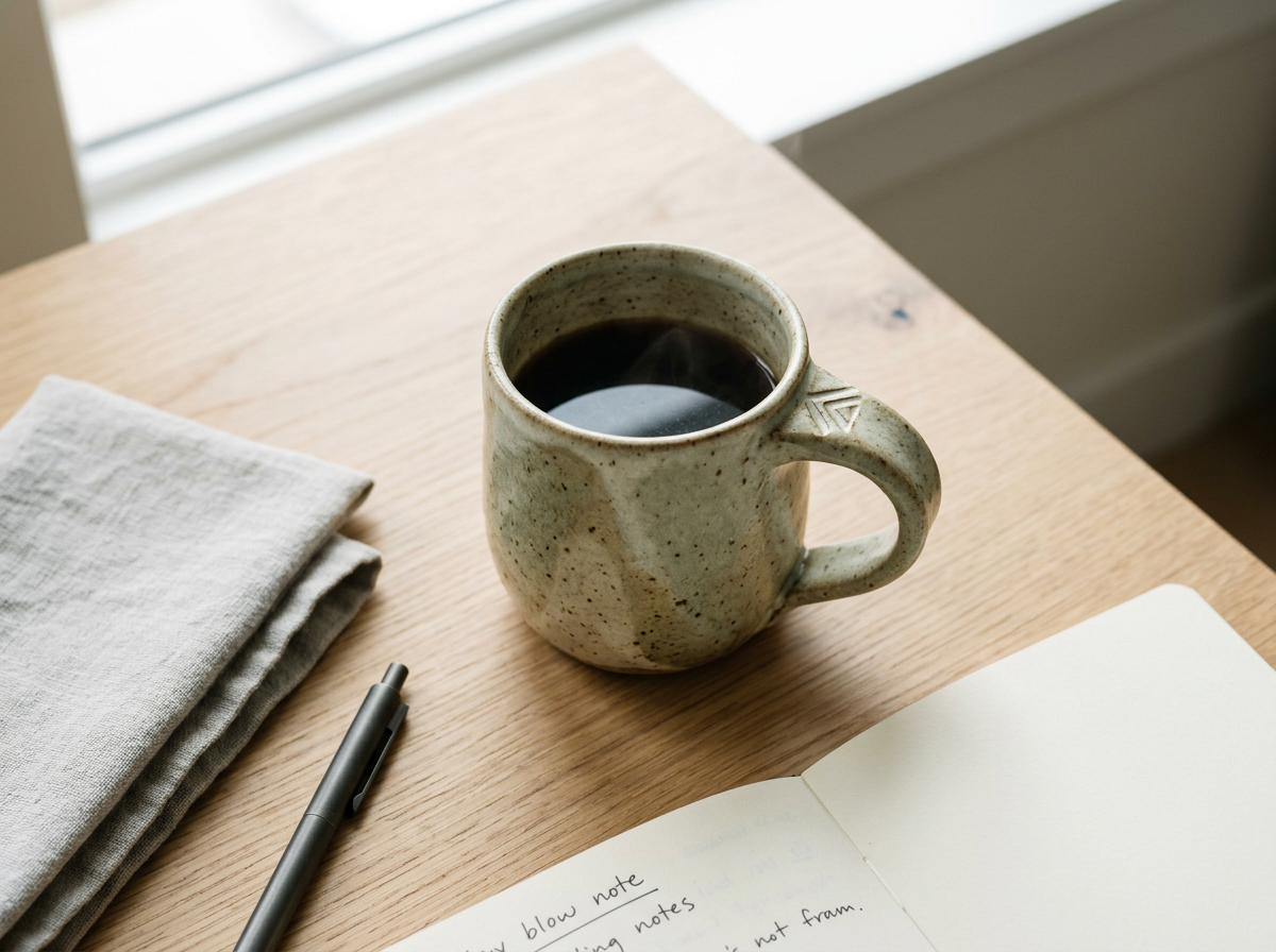 A ceramic mug filled with black coffee on a wooden desk, with a folded cloth, a pen, and an open notebook nearby.