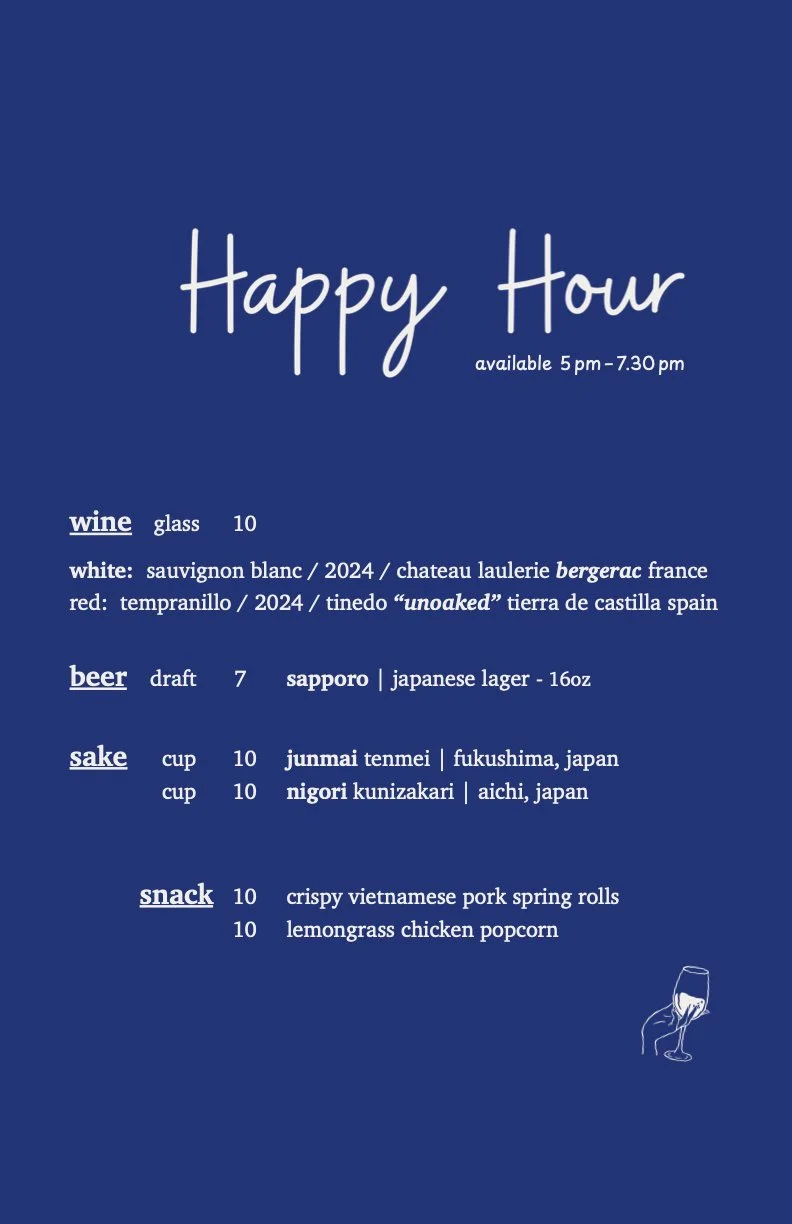 Nounou Noodle Bar happy hour menu featuring discounted drinks and Asian-inspired bites in the East Village, NYC