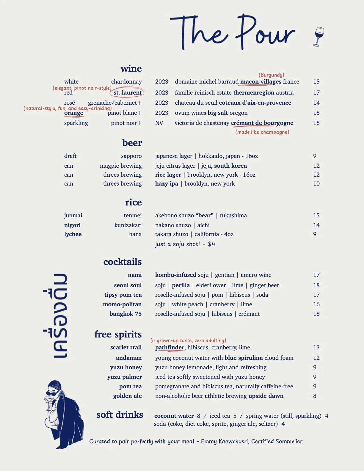 Nounou Noodle Bar drink menu featuring cocktails, sake, and Asian-inspired beverages in the East Village, NYC.