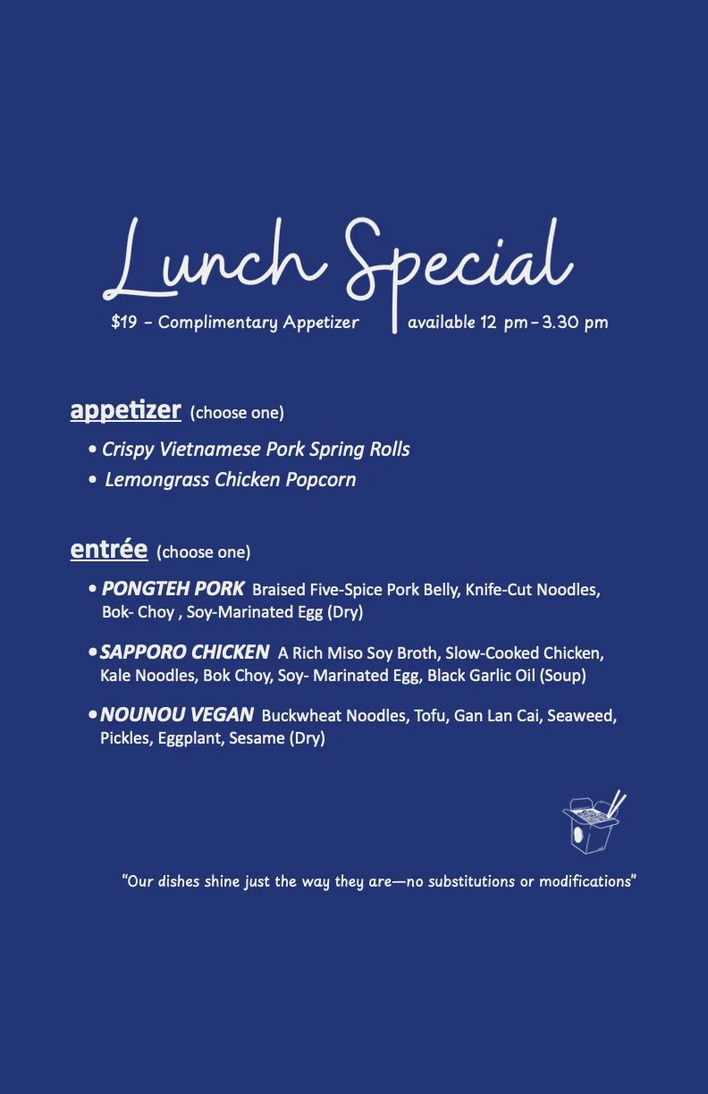Nounou Noodle Bar lunch special menu featuring Asian-ish noodle bowls and curated lunch offerings in the East Village, NYC.