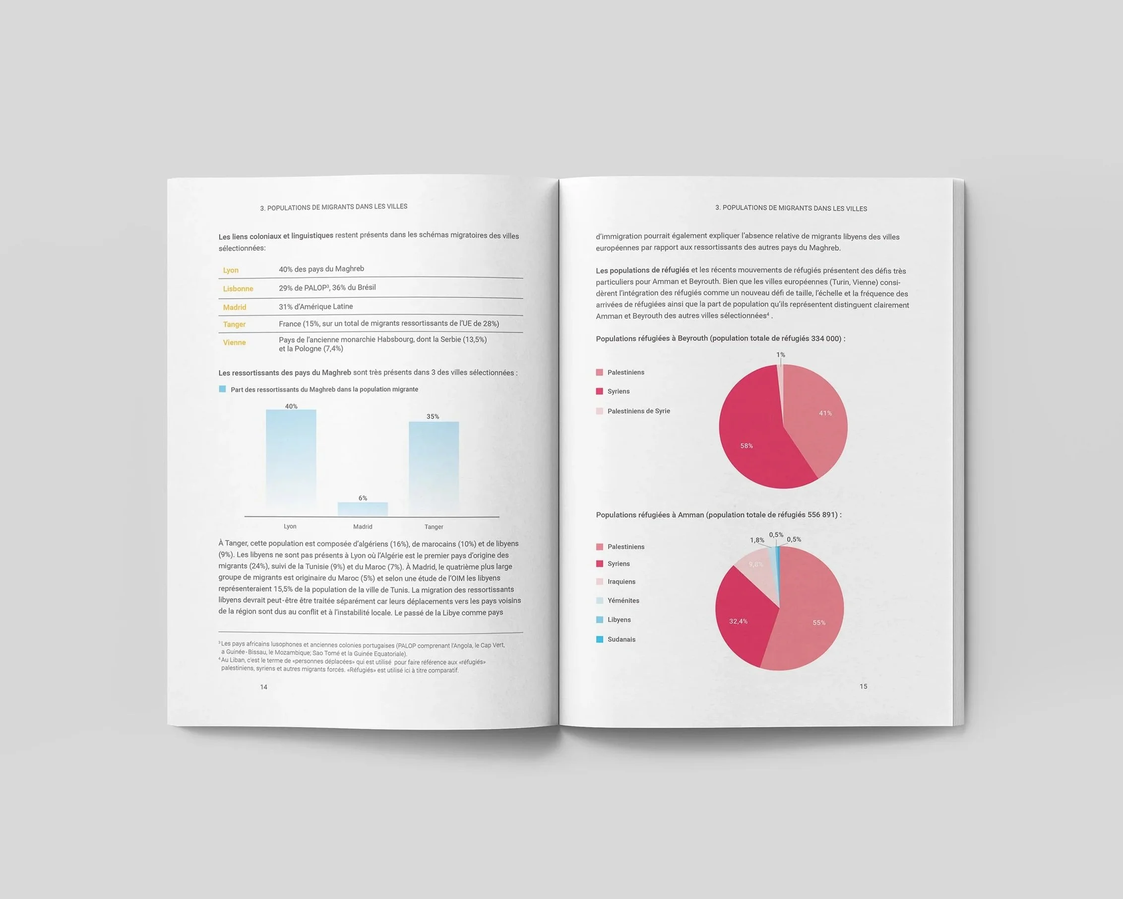 Zwei offene Seiten eines Buches mit Diagrammen und Text, die Informationen über Migrationsbewegungen in verschiedenen Städten und Ländern enthalten.