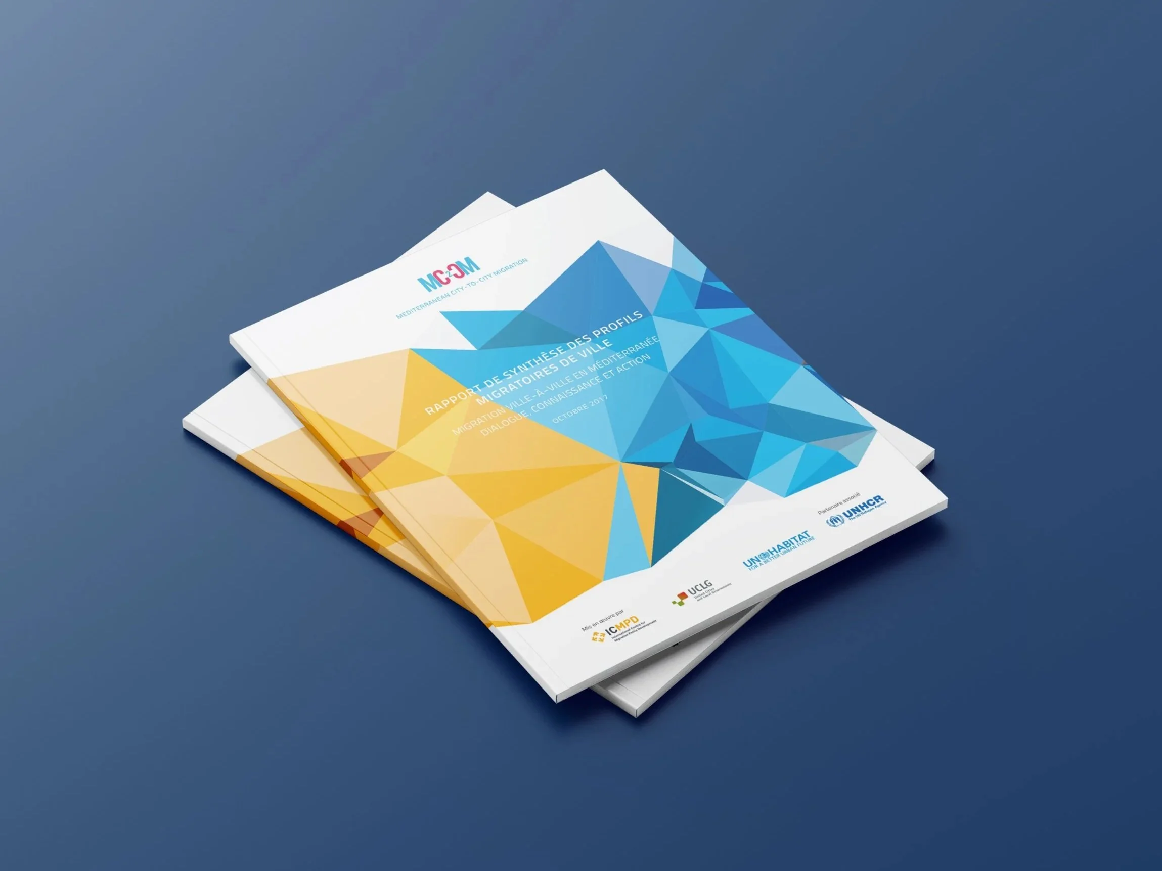 Zwei gedruckte Berichte mit bunten geometrischen Mustern auf dem Titel, liegen auf einer blauen Oberfläche.