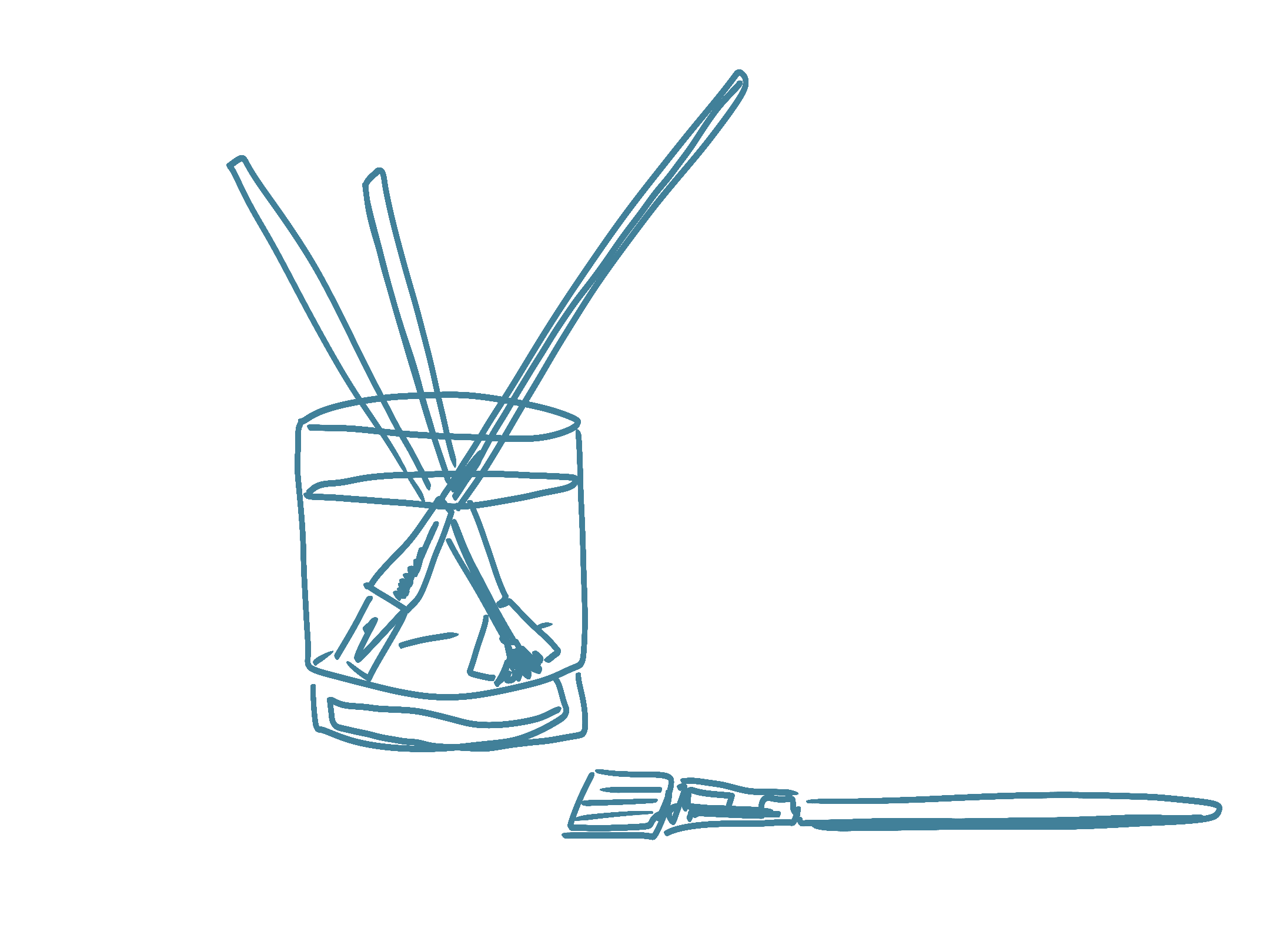 A digital line drawing of a jar with paintbrushes inside and a paintbrush lying outside the jar.