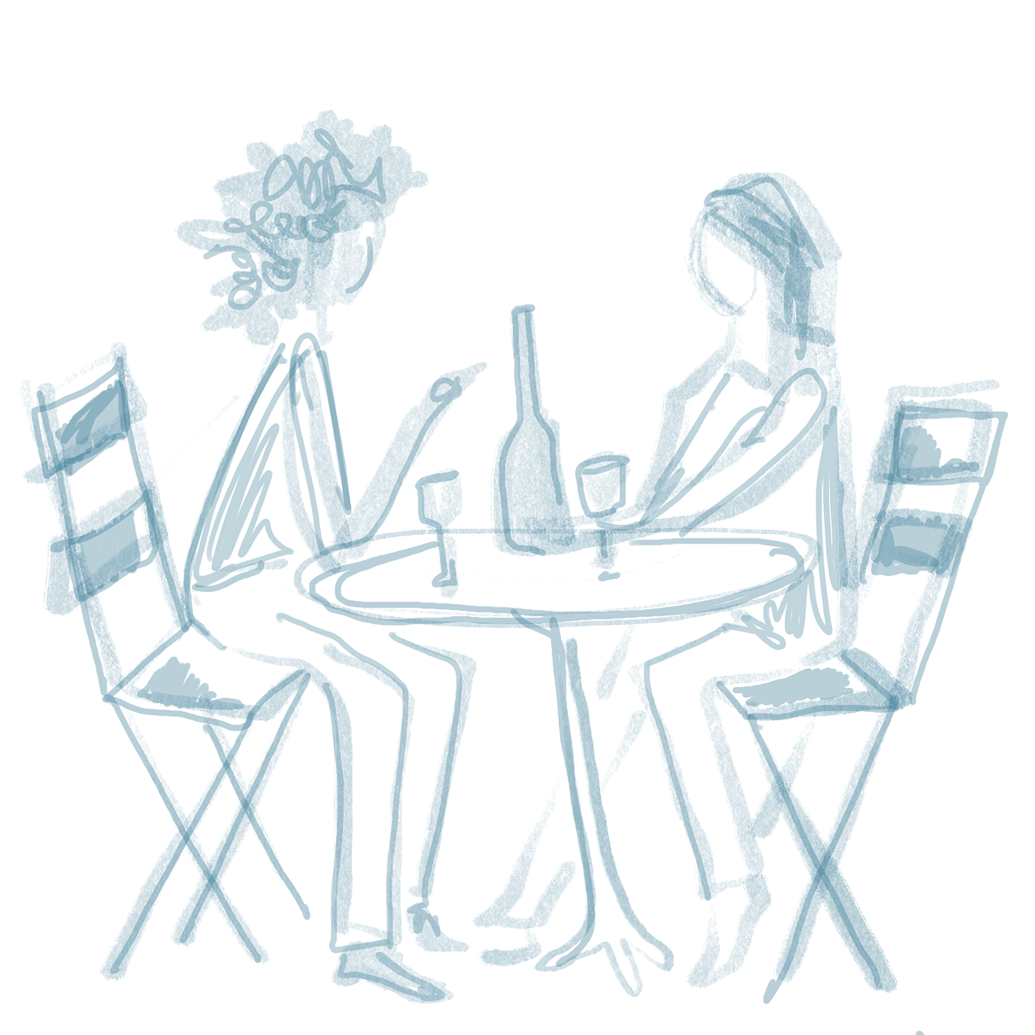 Line drawing of two women sitting at a table, one with curly hair and the other with straight hair, having drinks and conversation.