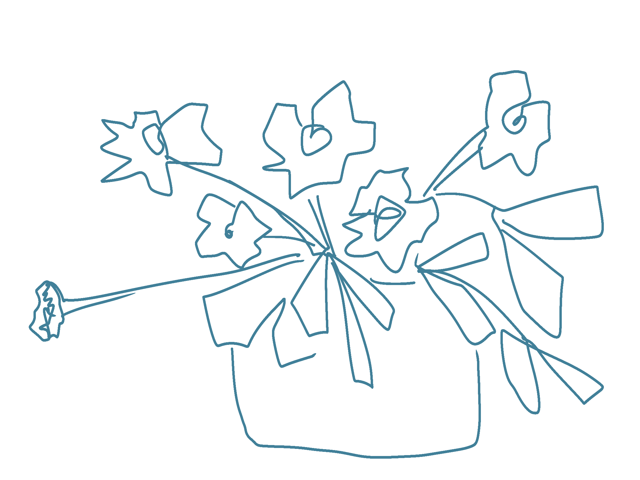Line drawing of a potted plant with multiple leaves and a flower on a long stem, all outlined in blue on a black background.