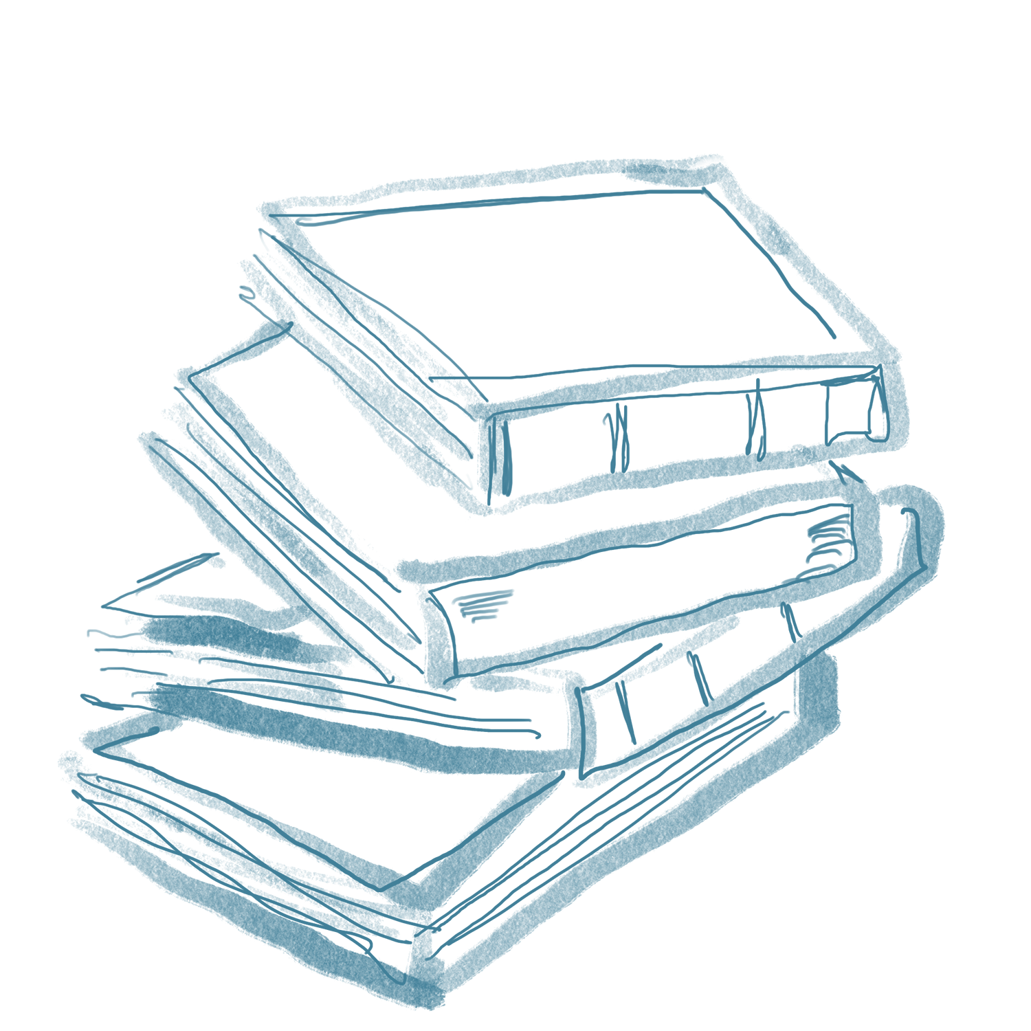 Sketch of a stack of five books with dark covers against a black background.
